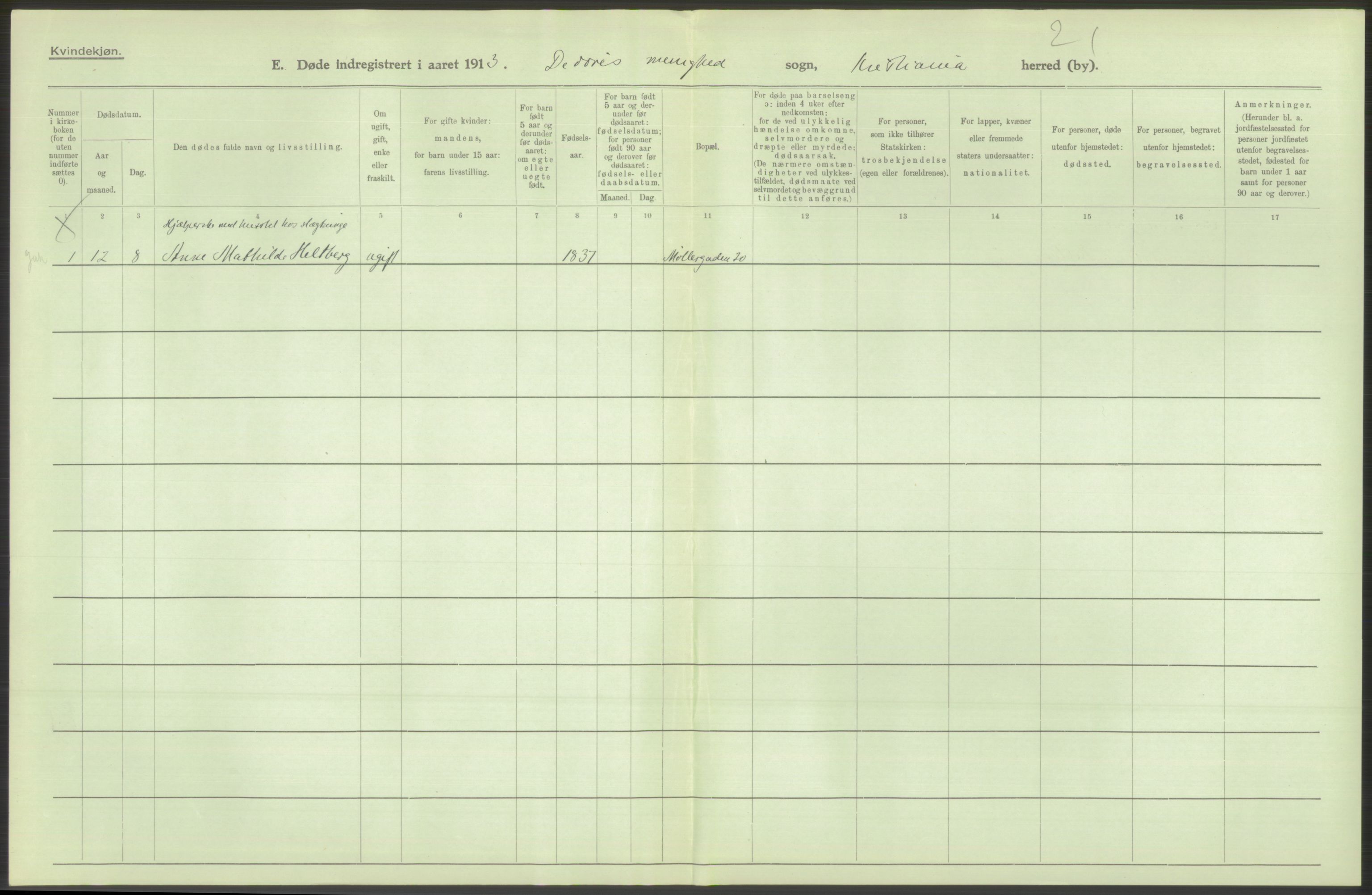 Statistisk sentralbyrå, Sosiodemografiske emner, Befolkning, RA/S-2228/D/Df/Dfb/Dfbc/L0010: Kristiania: Døde, dødfødte., 1913, p. 482