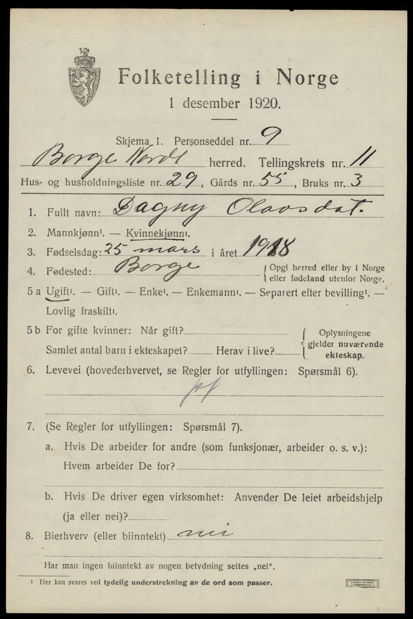 SAT, 1920 census for Borge, 1920, p. 9809