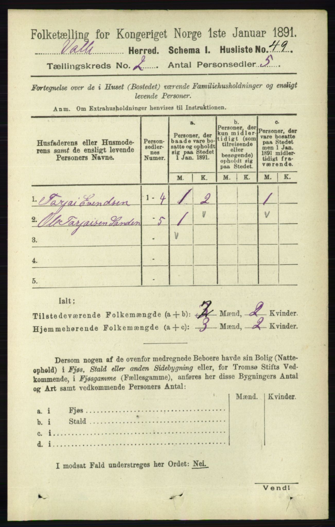 RA, 1891 census for 0940 Valle, 1891, p. 369