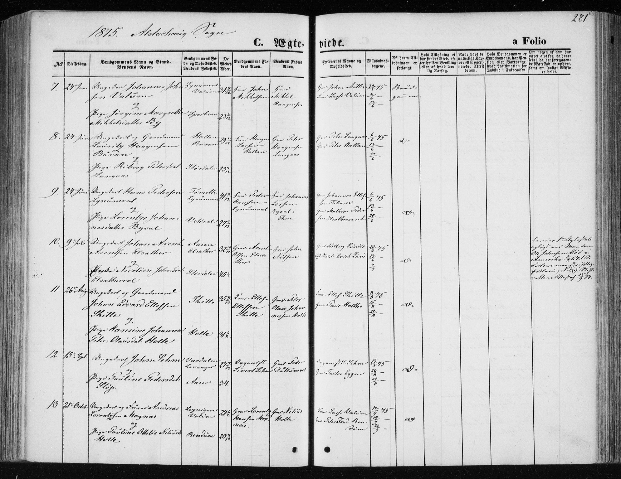 Ministerialprotokoller, klokkerbøker og fødselsregistre - Nord-Trøndelag, AV/SAT-A-1458/717/L0157: Parish register (official) no. 717A08 /1, 1863-1877, p. 281