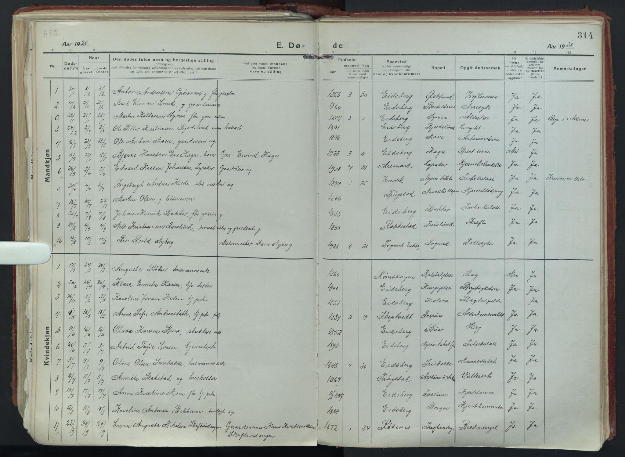 Eidsberg prestekontor Kirkebøker, AV/SAO-A-10905/F/Fa/L0015: Parish register (official) no. I 15, 1920-1937, p. 314