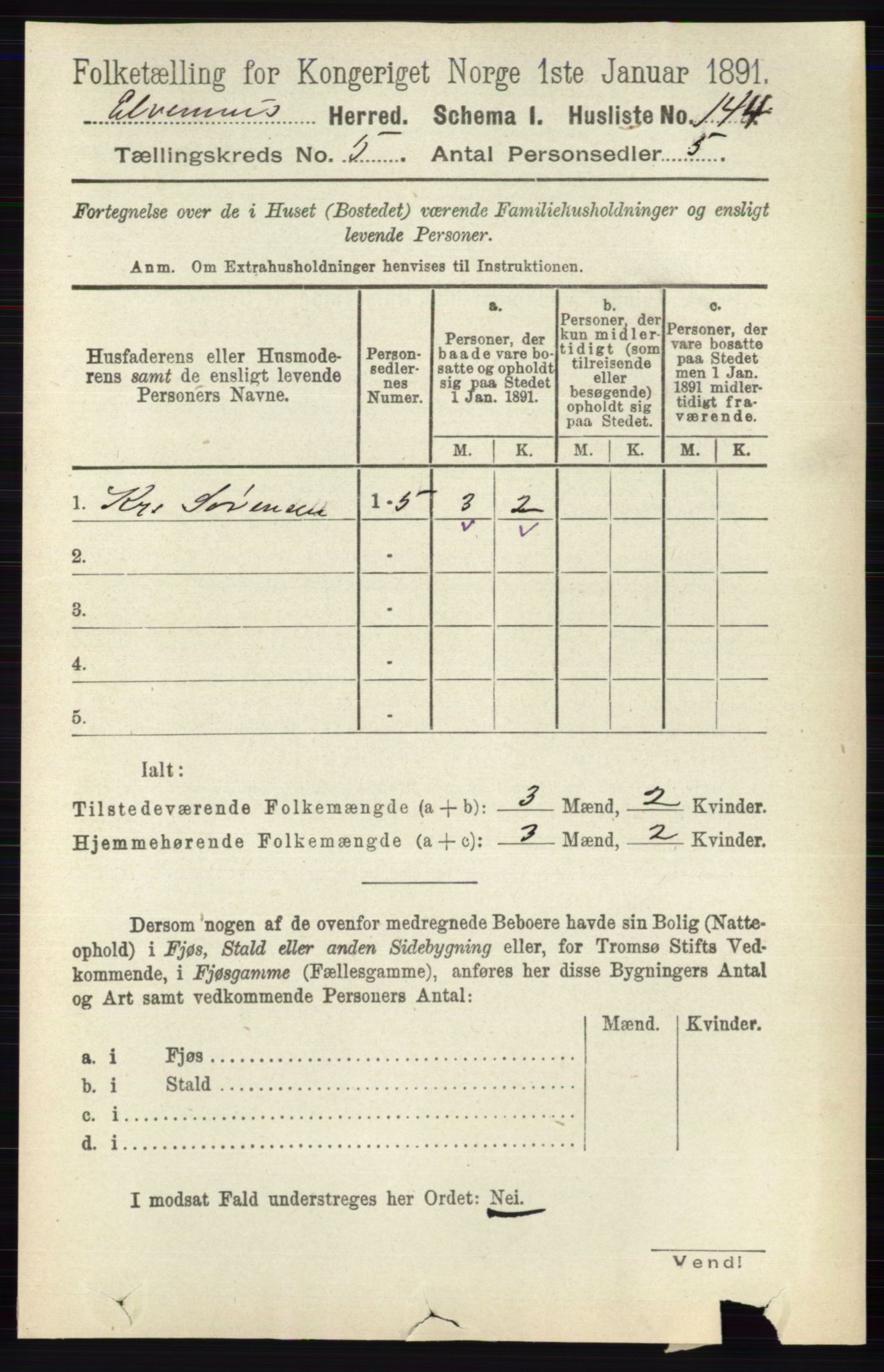 RA, 1891 census for 0427 Elverum, 1891, p. 3075