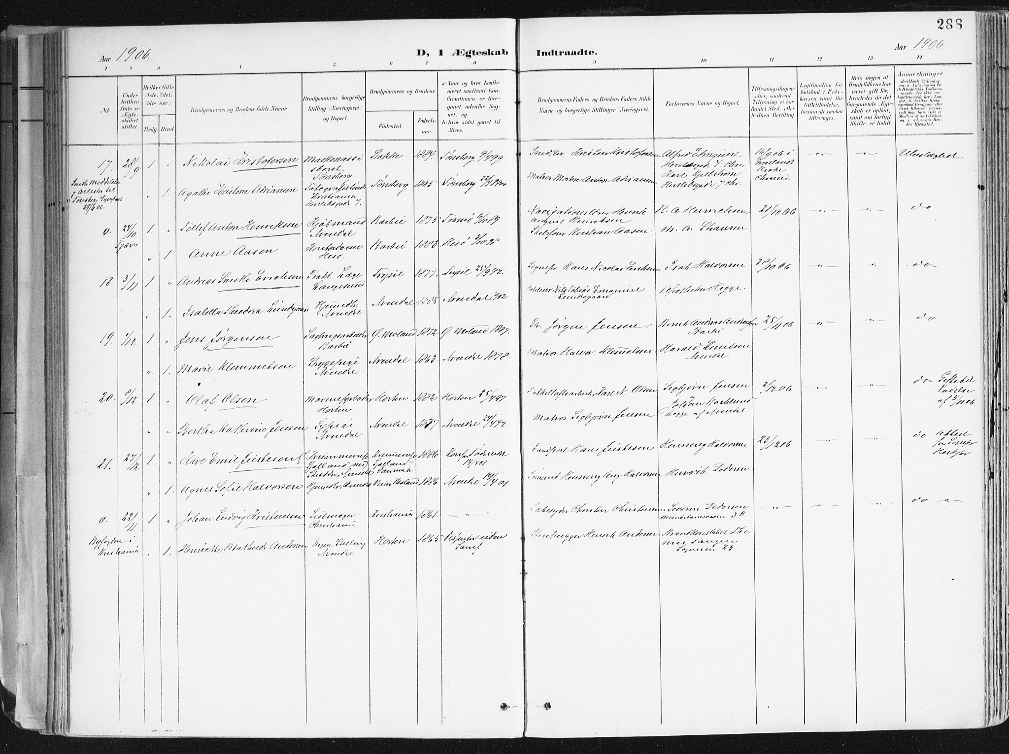 Arendal sokneprestkontor, Trefoldighet, AV/SAK-1111-0040/F/Fa/L0010: Parish register (official) no. A 10, 1900-1919, p. 288