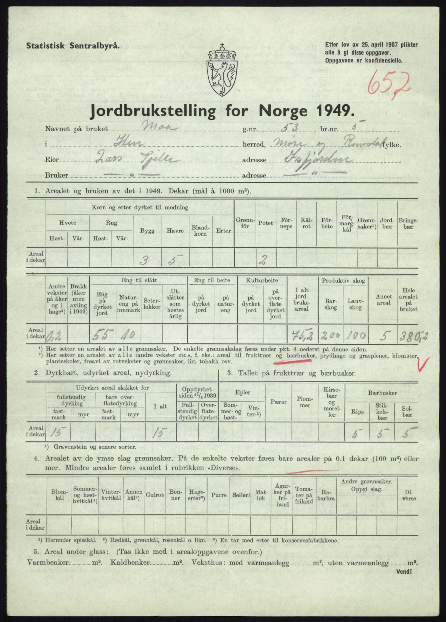 Statistisk sentralbyrå, Næringsøkonomiske emner, Jordbruk, skogbruk, jakt, fiske og fangst, AV/RA-S-2234/G/Gc/L0323: Møre og Romsdal: Grytten og Hen, 1949, p. 827