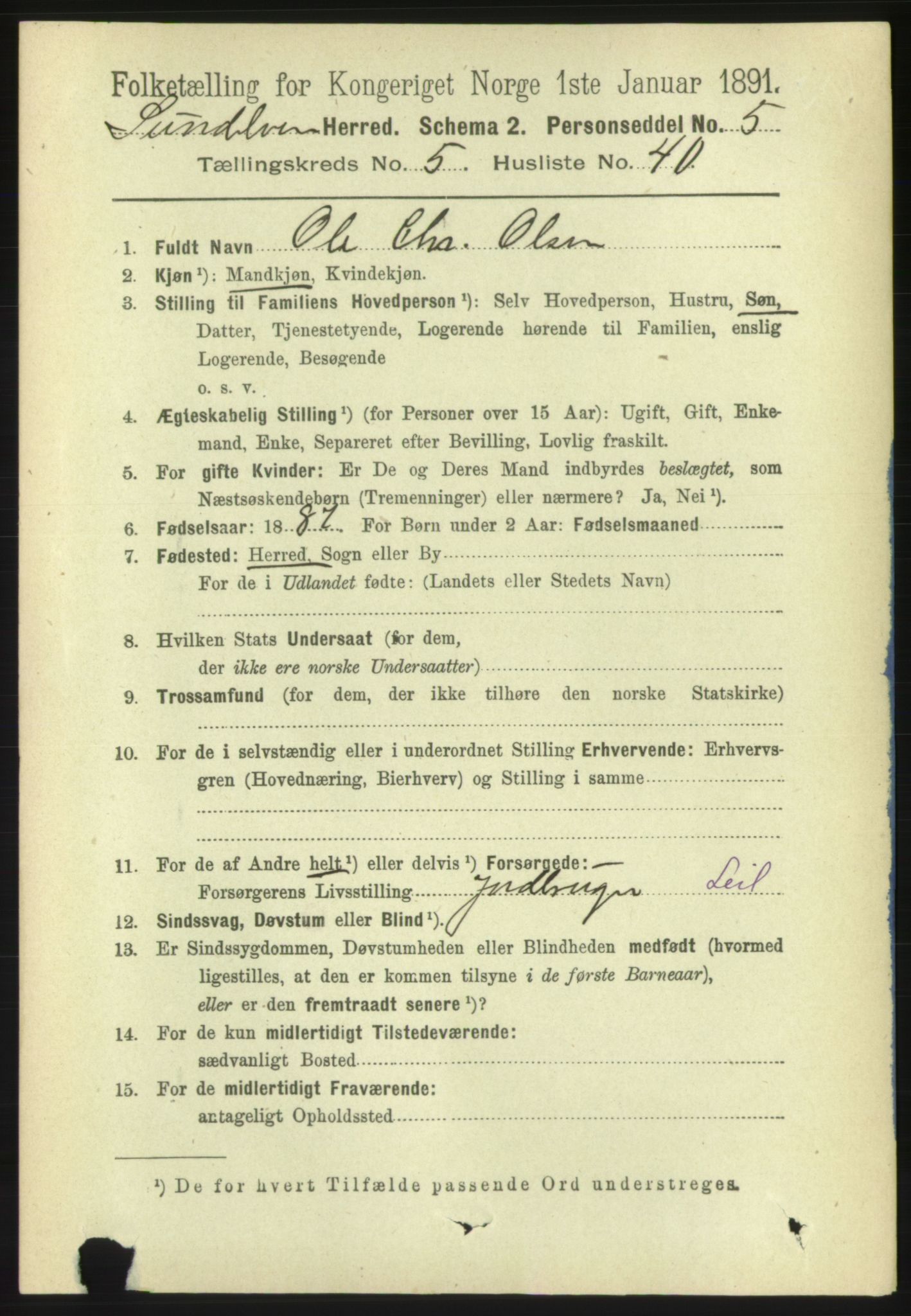 RA, 1891 census for 1523 Sunnylven, 1891, p. 1457