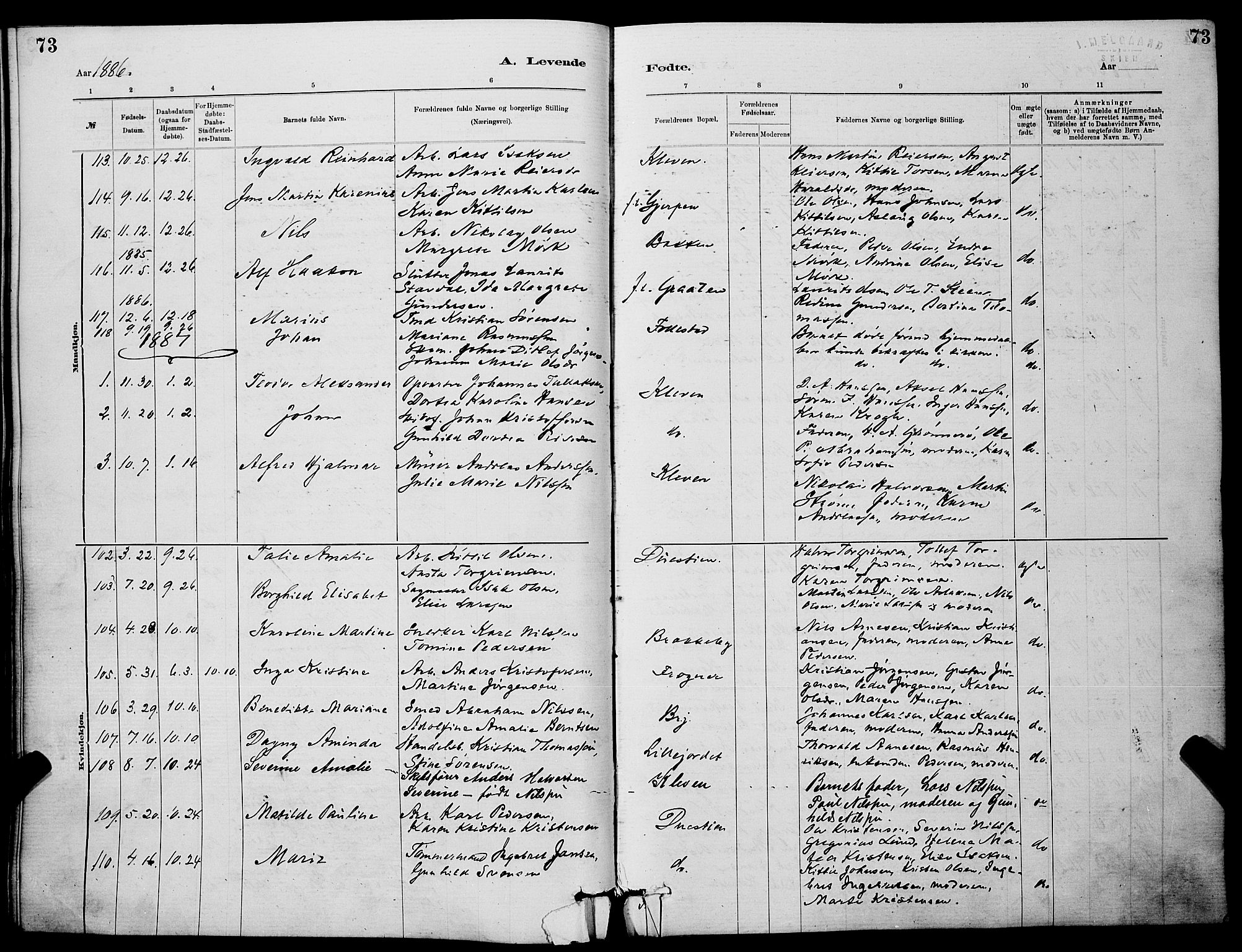 Skien kirkebøker, SAKO/A-302/G/Ga/L0006: Parish register (copy) no. 6, 1881-1890, p. 73