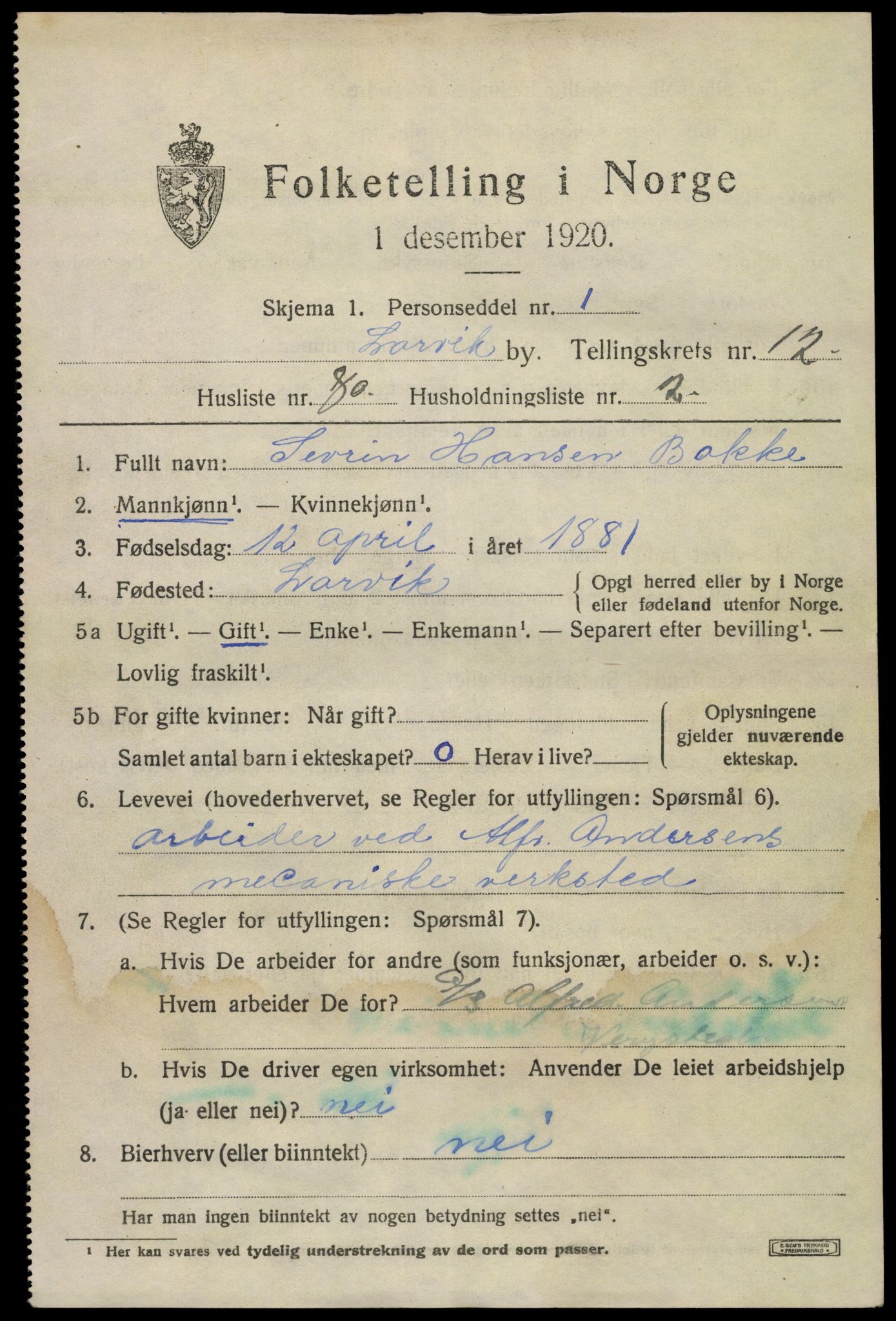 SAKO, 1920 census for Larvik, 1920, p. 31778