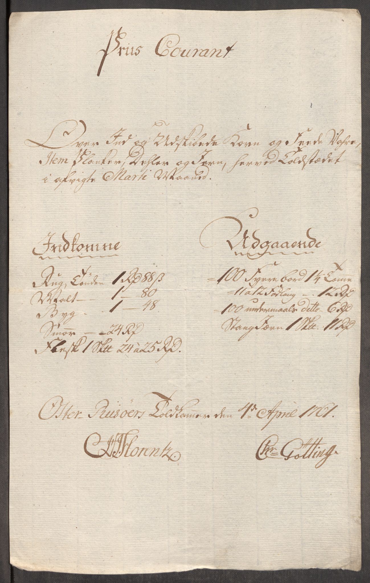 Rentekammeret inntil 1814, Realistisk ordnet avdeling, RA/EA-4070/Oe/L0007: [Ø1]: Priskuranter, 1761-1763, p. 219
