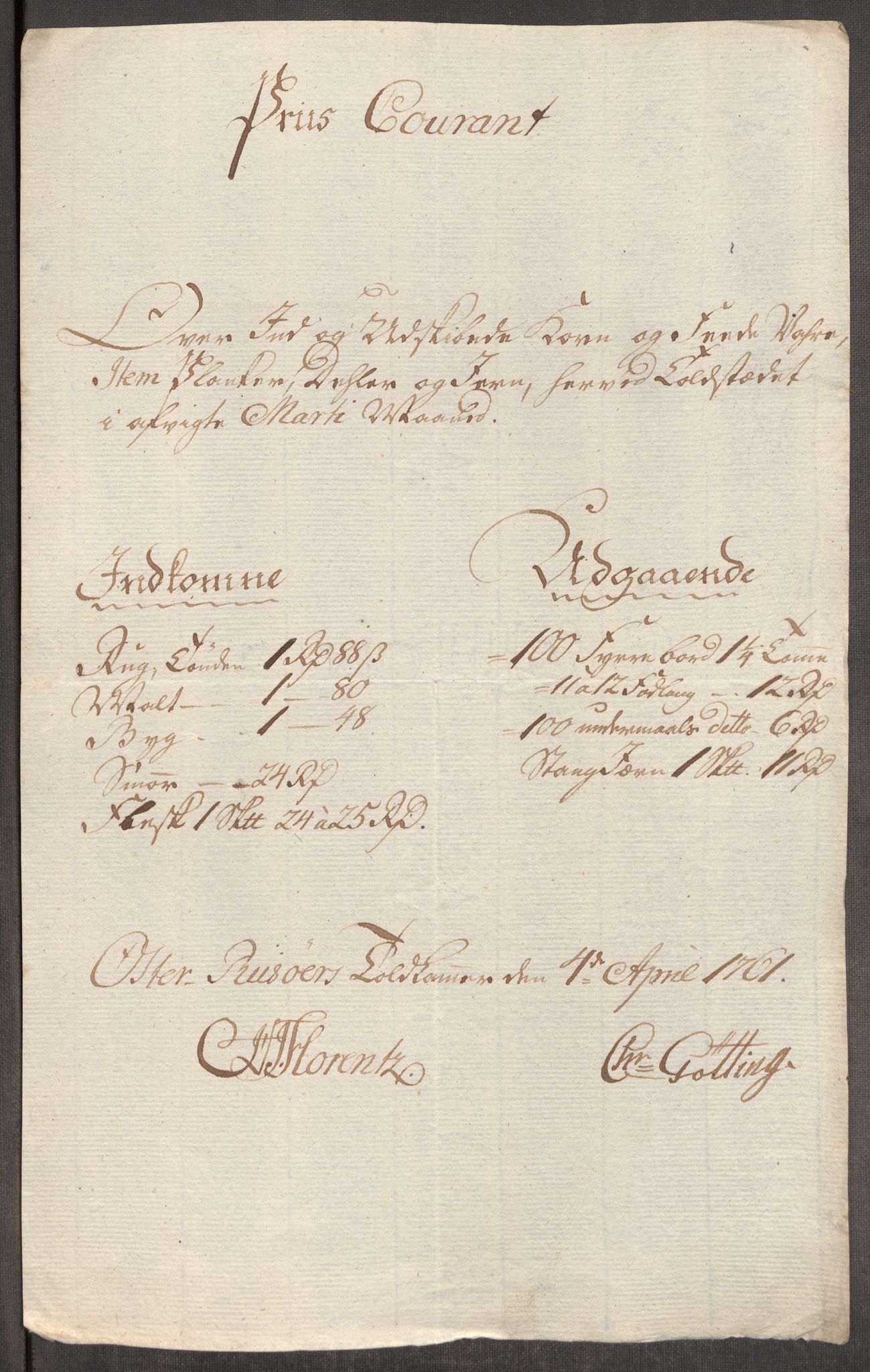 Rentekammeret inntil 1814, Realistisk ordnet avdeling, AV/RA-EA-4070/Oe/L0007: [Ø1]: Priskuranter, 1761-1763, p. 219