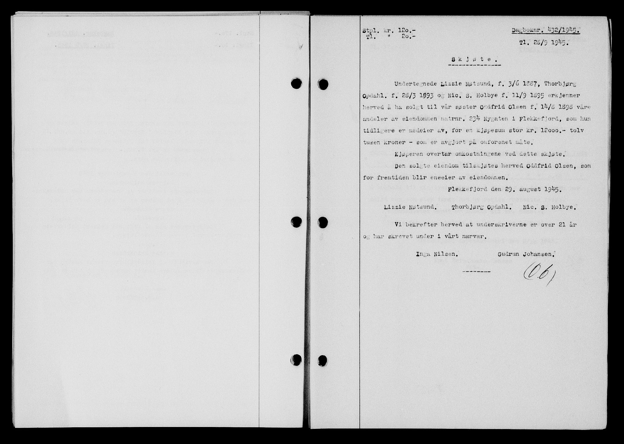 Flekkefjord sorenskriveri, SAK/1221-0001/G/Gb/Gba/L0060: Mortgage book no. A-8, 1945-1946, Diary no: : 432/1945