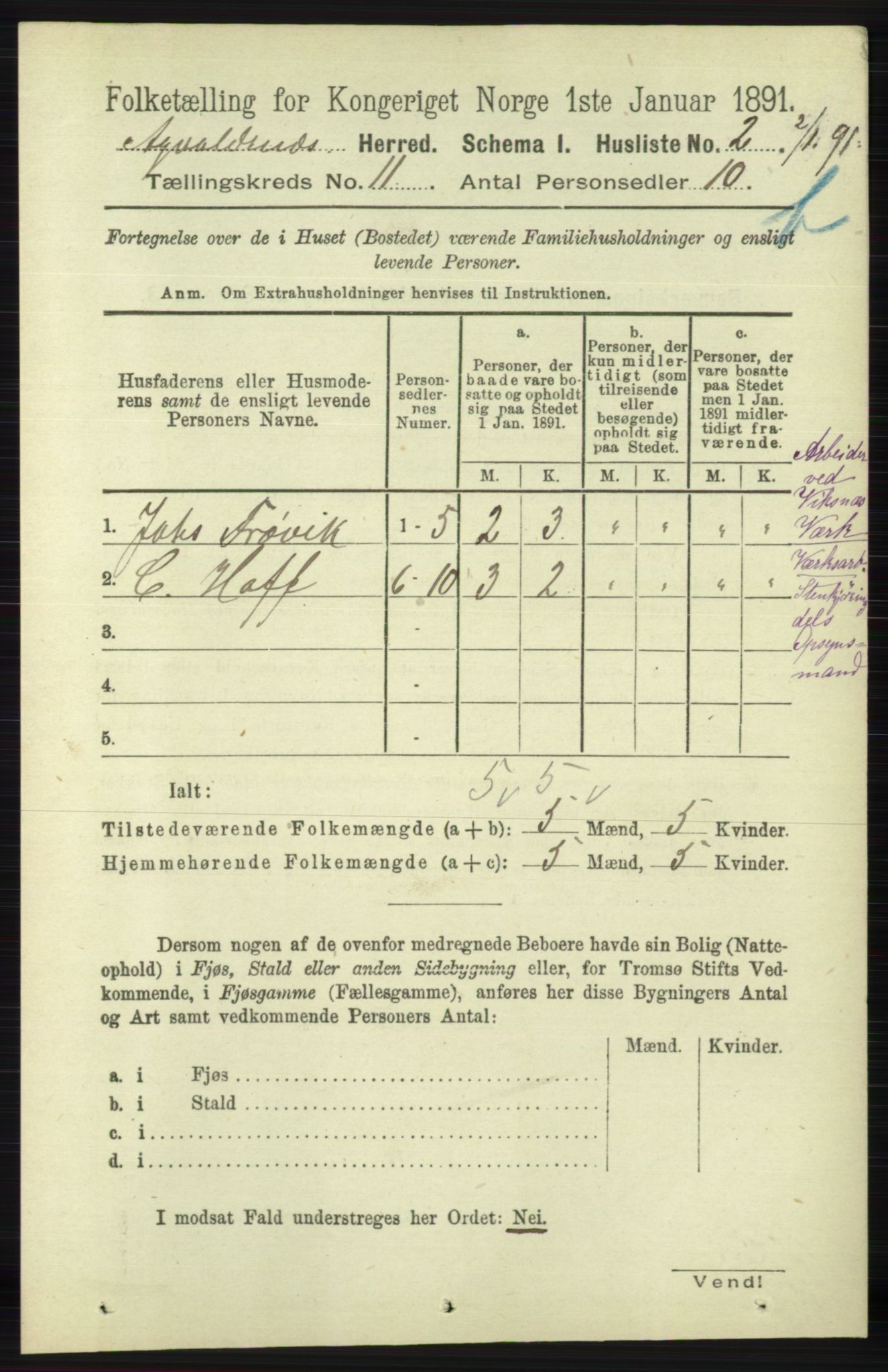 RA, 1891 census for 1147 Avaldsnes, 1891, p. 6168