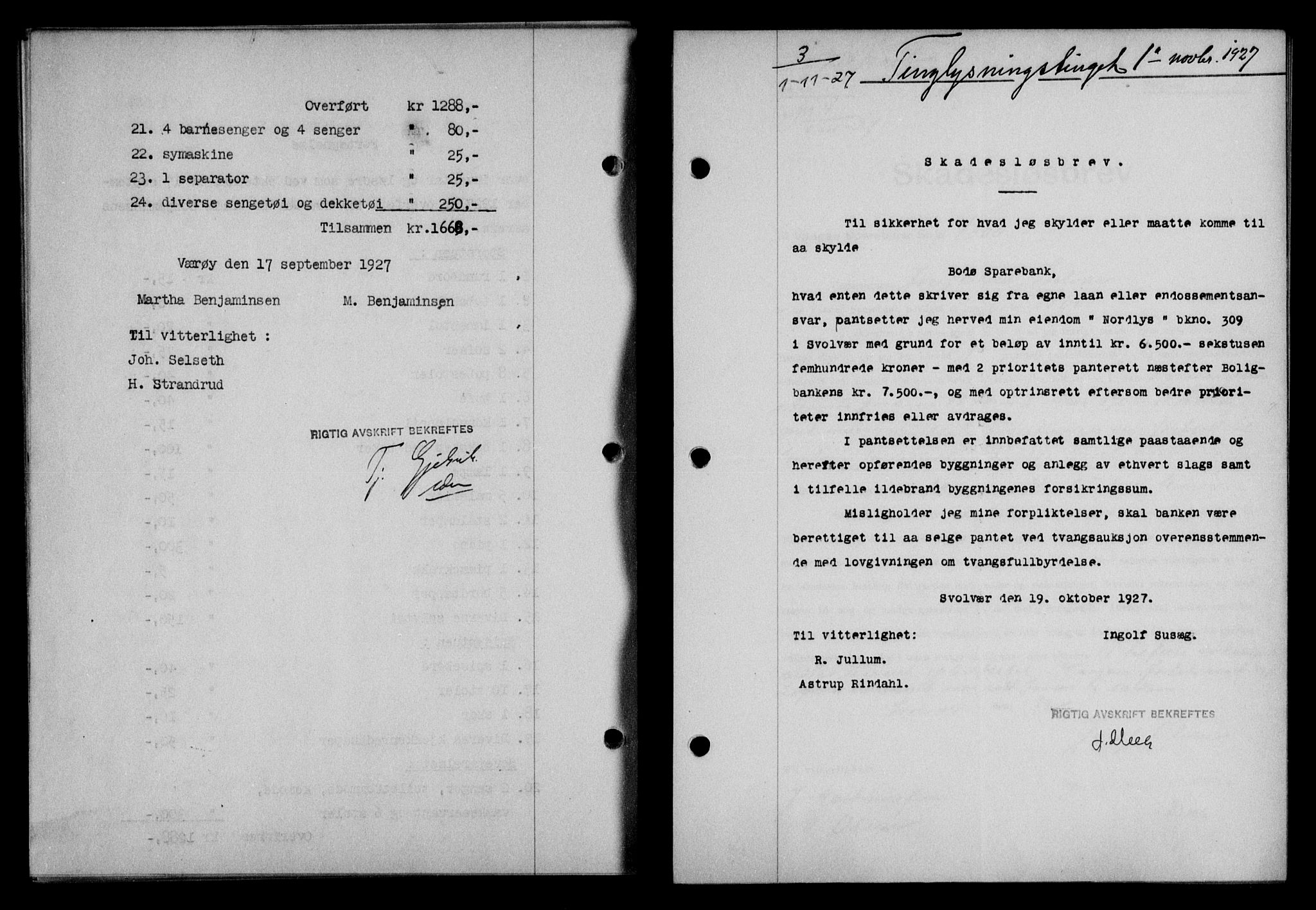 Lofoten sorenskriveri, SAT/A-0017/1/2/2C/L0016b: Mortgage book no. 16b, 1927-1927, Deed date: 01.11.1927