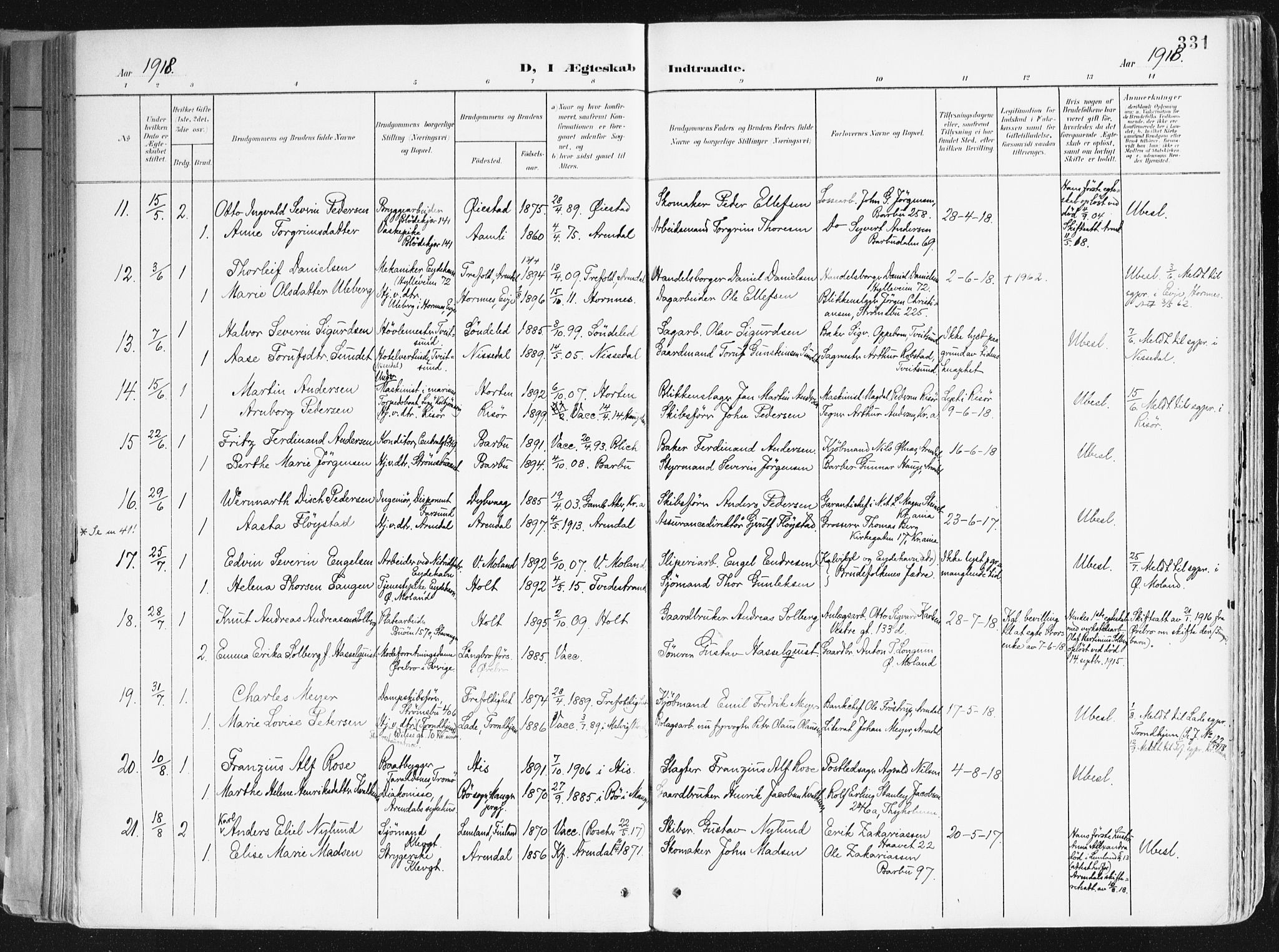 Arendal sokneprestkontor, Trefoldighet, AV/SAK-1111-0040/F/Fa/L0010: Parish register (official) no. A 10, 1900-1919, p. 331