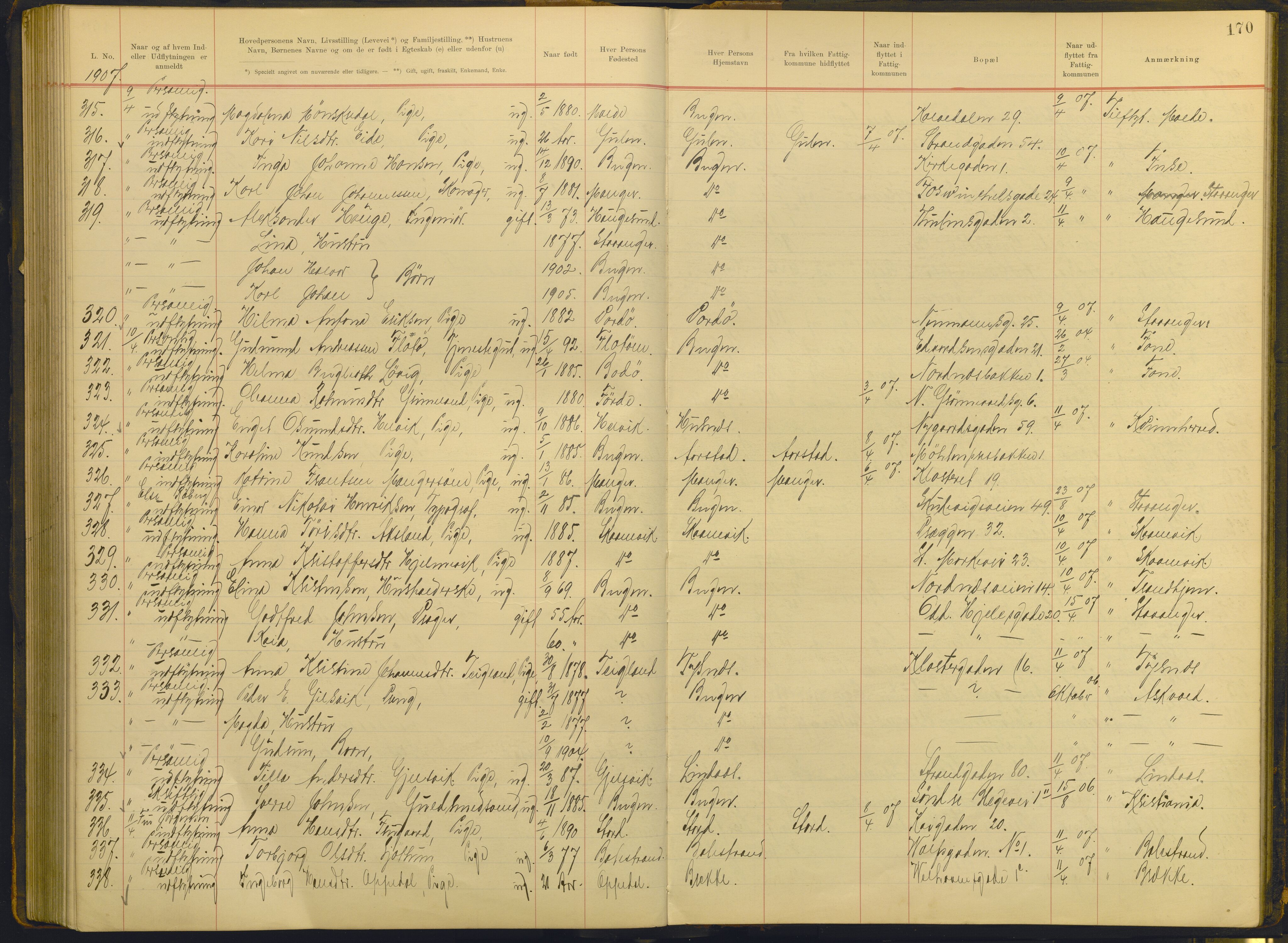 Bergen politikammer / politidistrikt, AV/SAB-A-60401/J.g/L0004: Protokoll over inn- og utflyttede, 1905-1908, p. 170