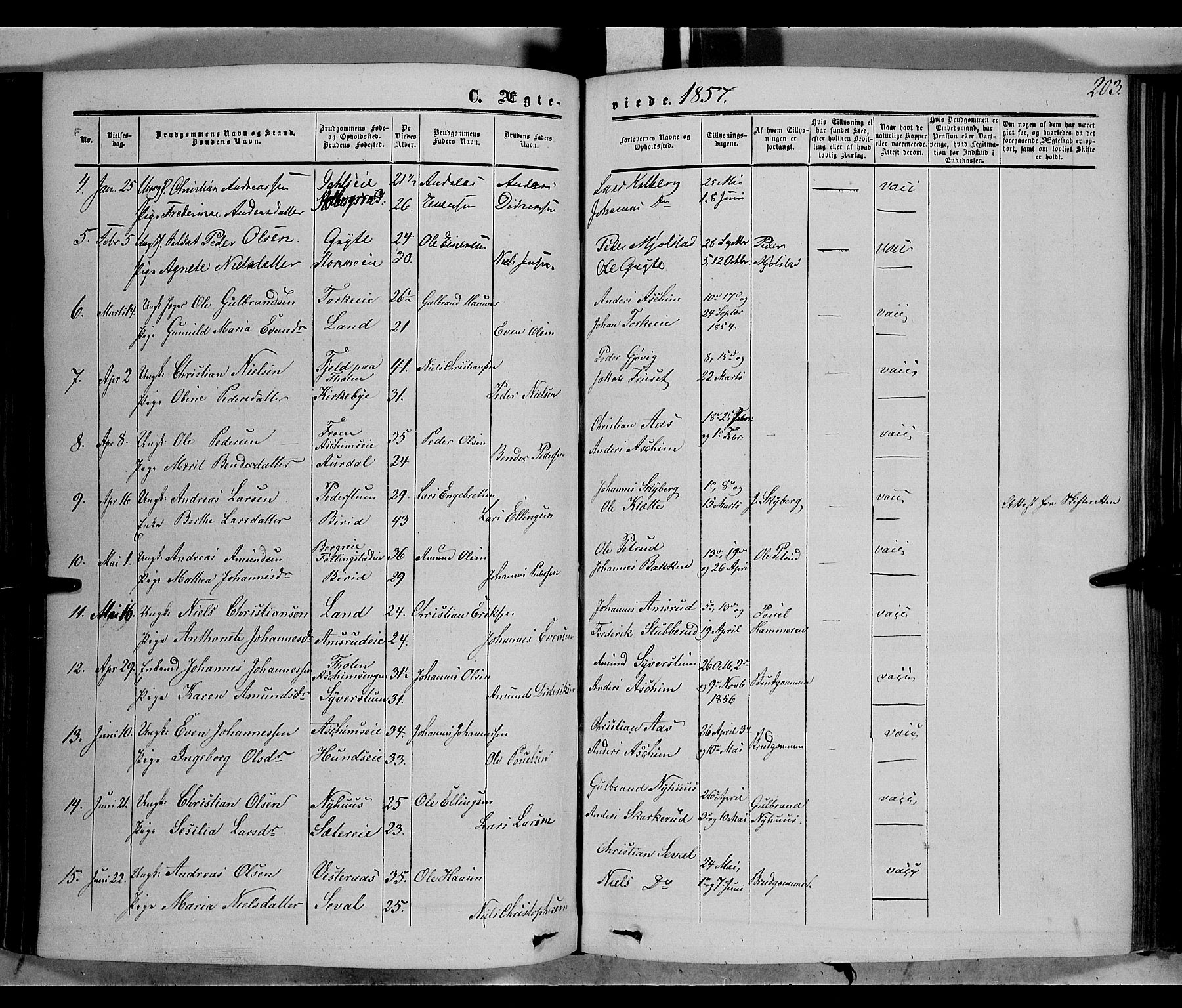 Vardal prestekontor, SAH/PREST-100/H/Ha/Haa/L0006: Parish register (official) no. 6, 1854-1866, p. 203