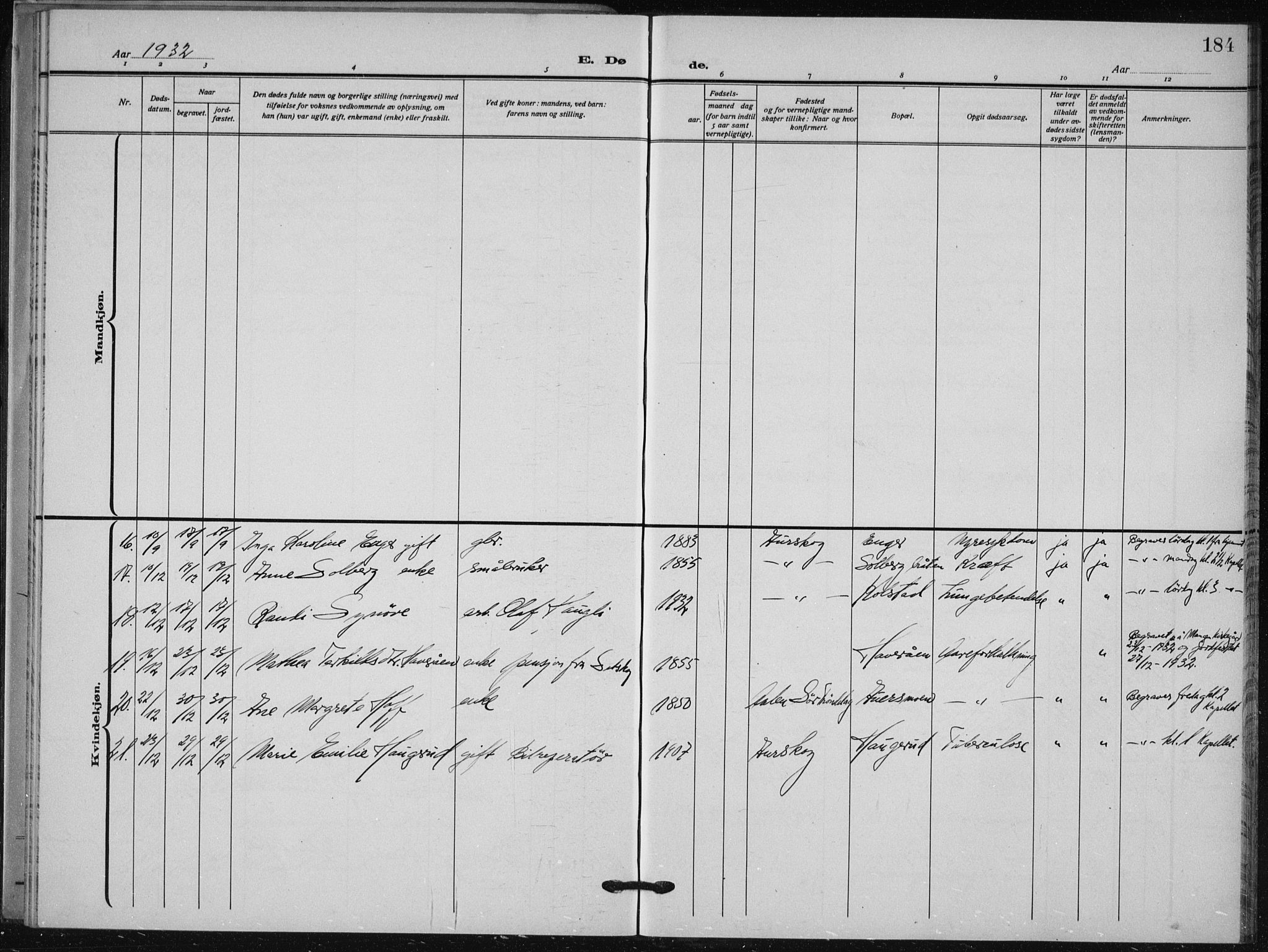 Aurskog prestekontor Kirkebøker, AV/SAO-A-10304a/G/Ga/L0006: Parish register (copy) no. I 6, 1923-1939, p. 184