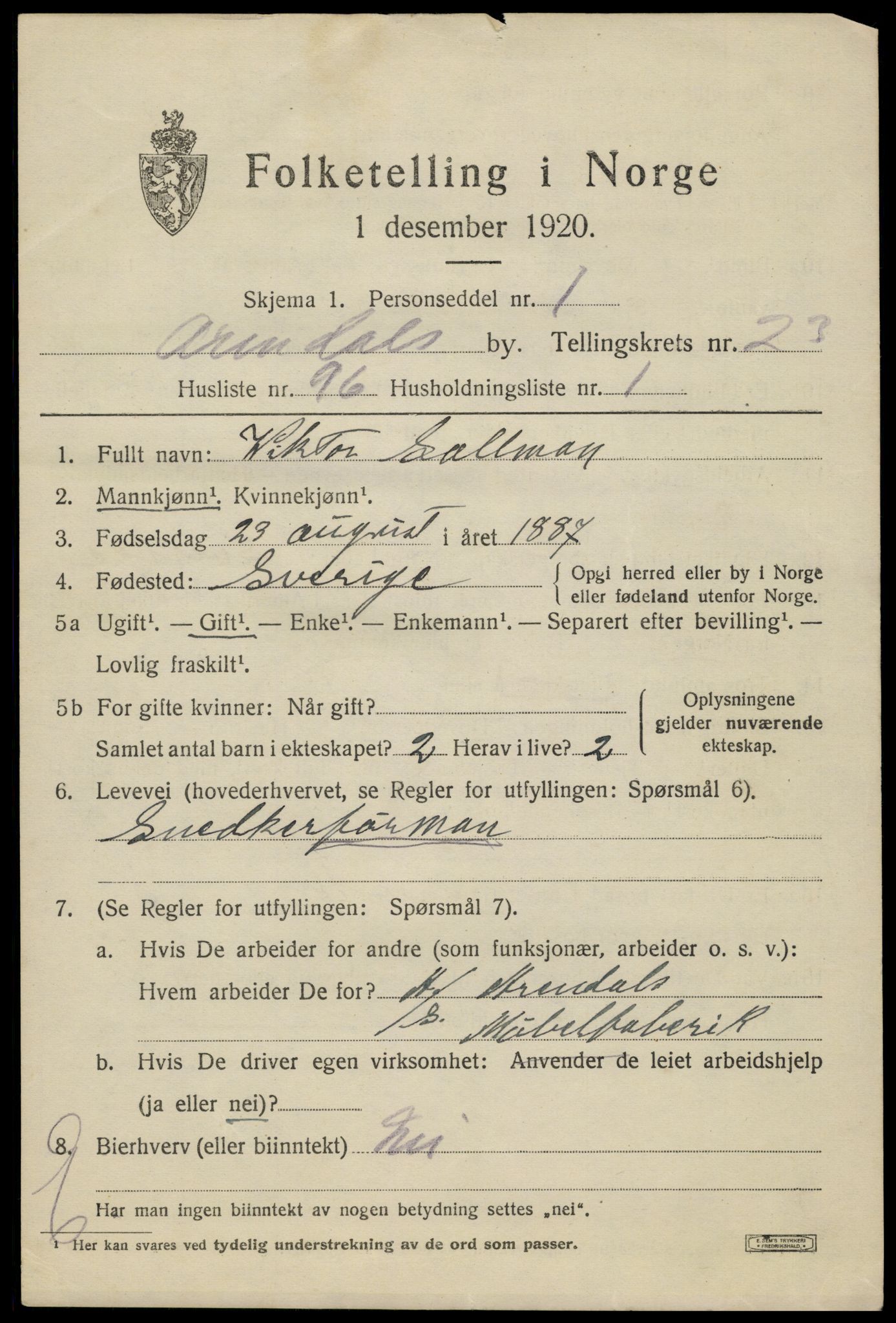 SAK, 1920 census for Arendal, 1920, p. 29784