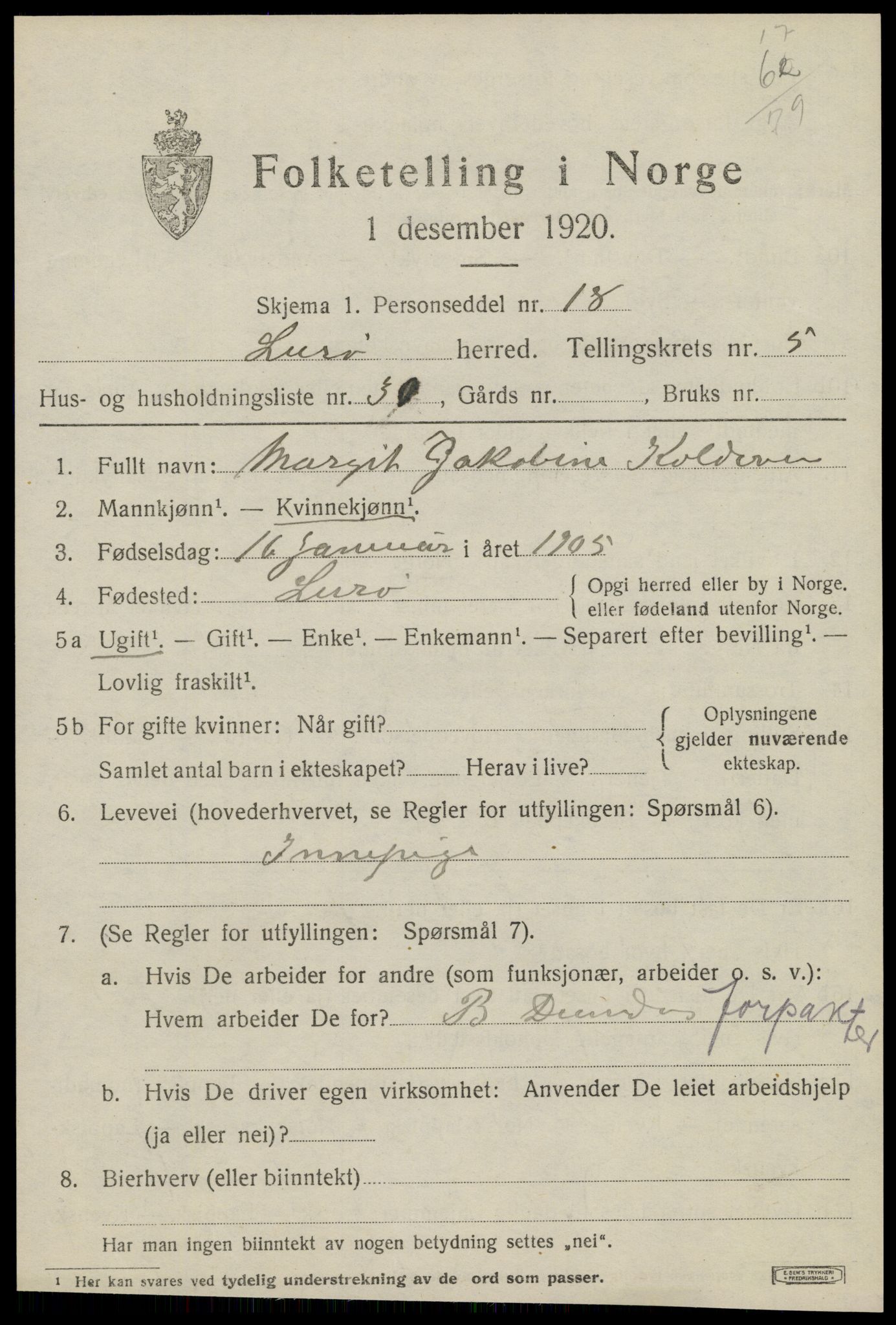 SAT, 1920 census for Lurøy, 1920, p. 2951