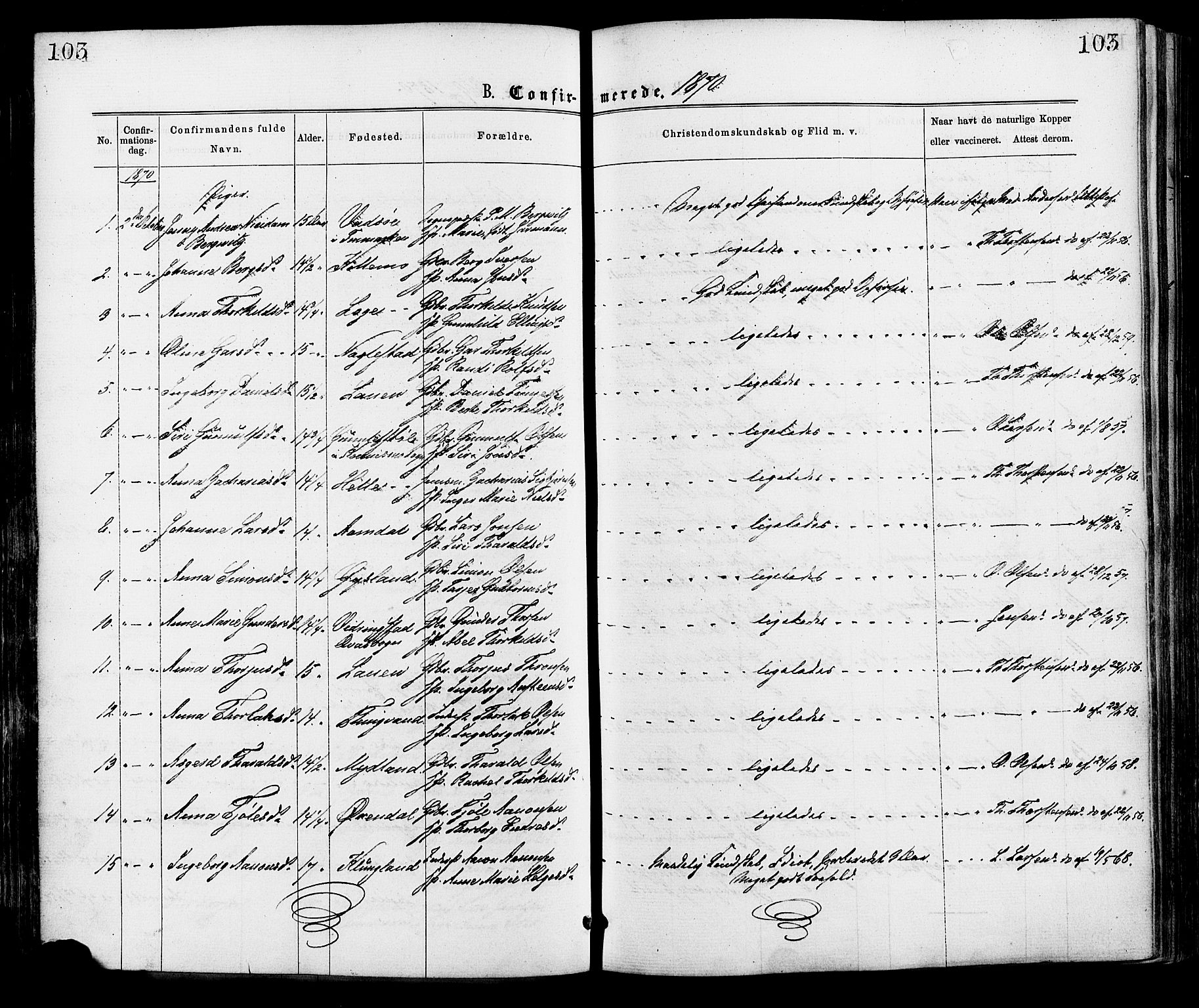 Hægebostad sokneprestkontor, AV/SAK-1111-0024/F/Fa/Faa/L0005: Parish register (official) no. A 5, 1864-1886, p. 103