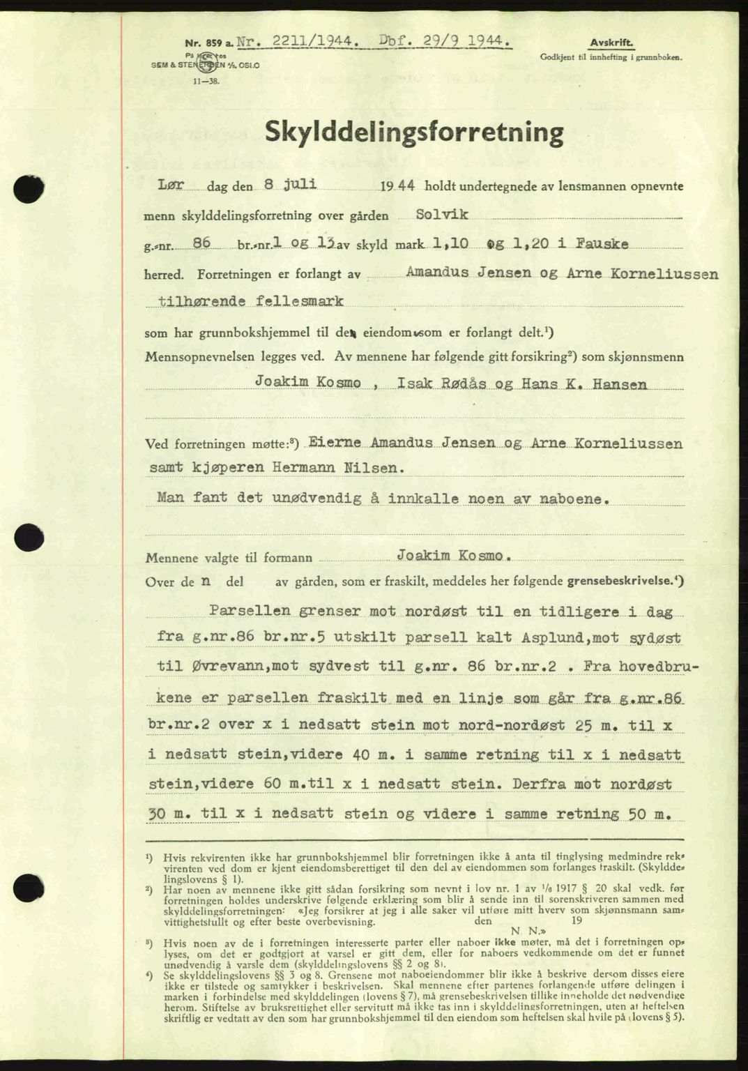 Salten sorenskriveri, AV/SAT-A-4578/1/2/2C: Mortgage book no. A14-15, 1943-1945, Diary no: : 2211/1944