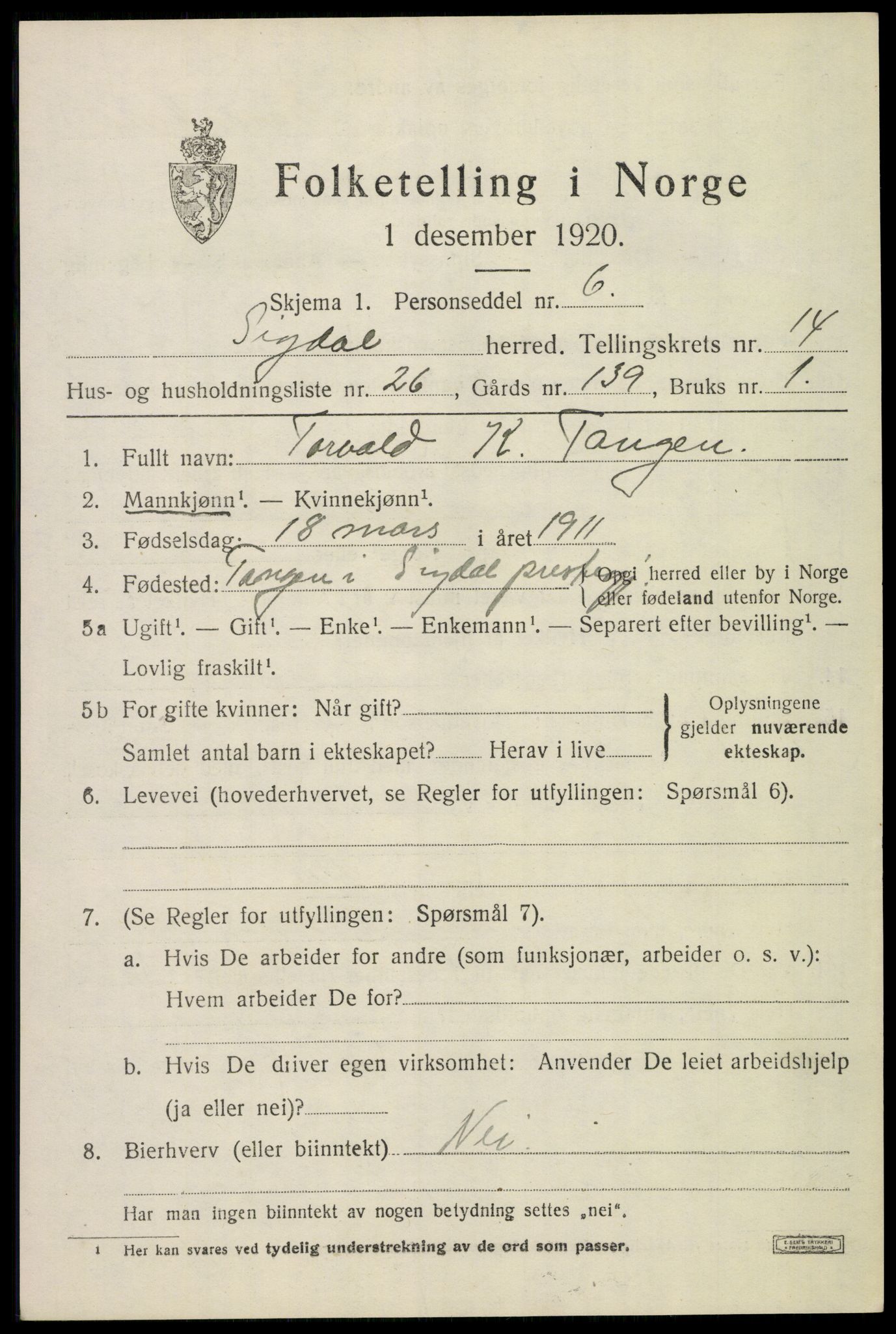 SAKO, 1920 census for Sigdal, 1920, p. 8896