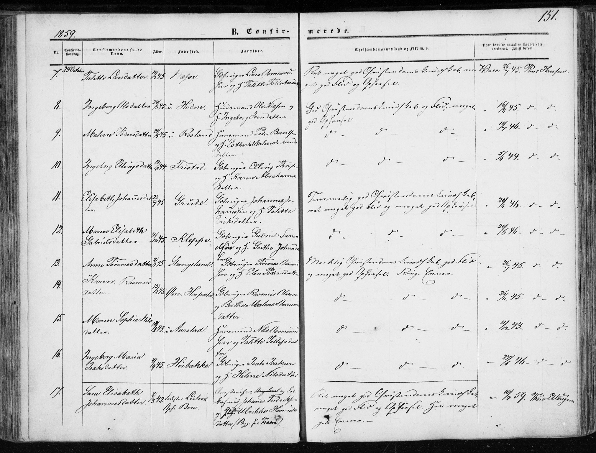 Klepp sokneprestkontor, AV/SAST-A-101803/001/3/30BA/L0005: Parish register (official) no. A 5, 1853-1870, p. 151