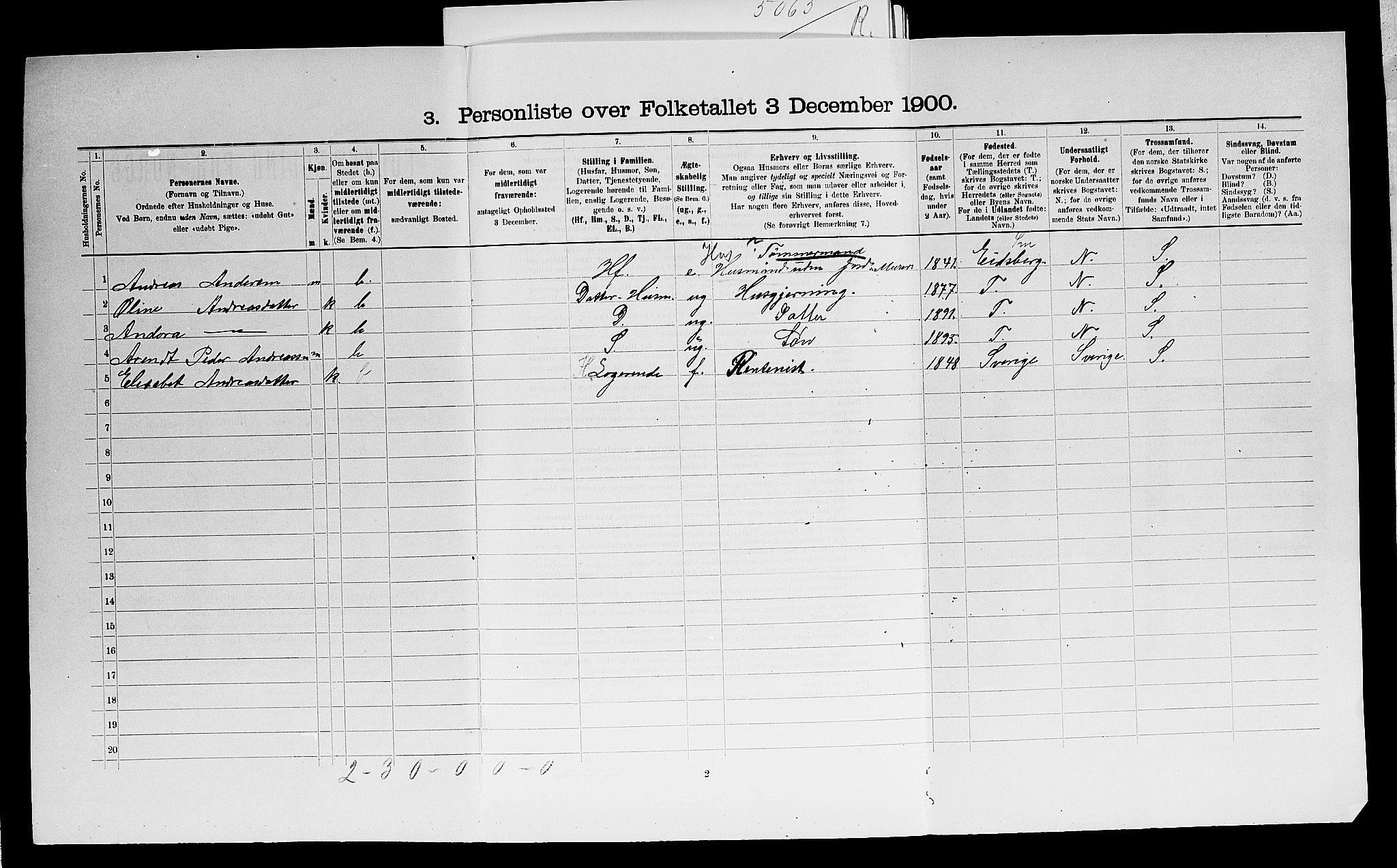 SAO, 1900 census for Berg, 1900