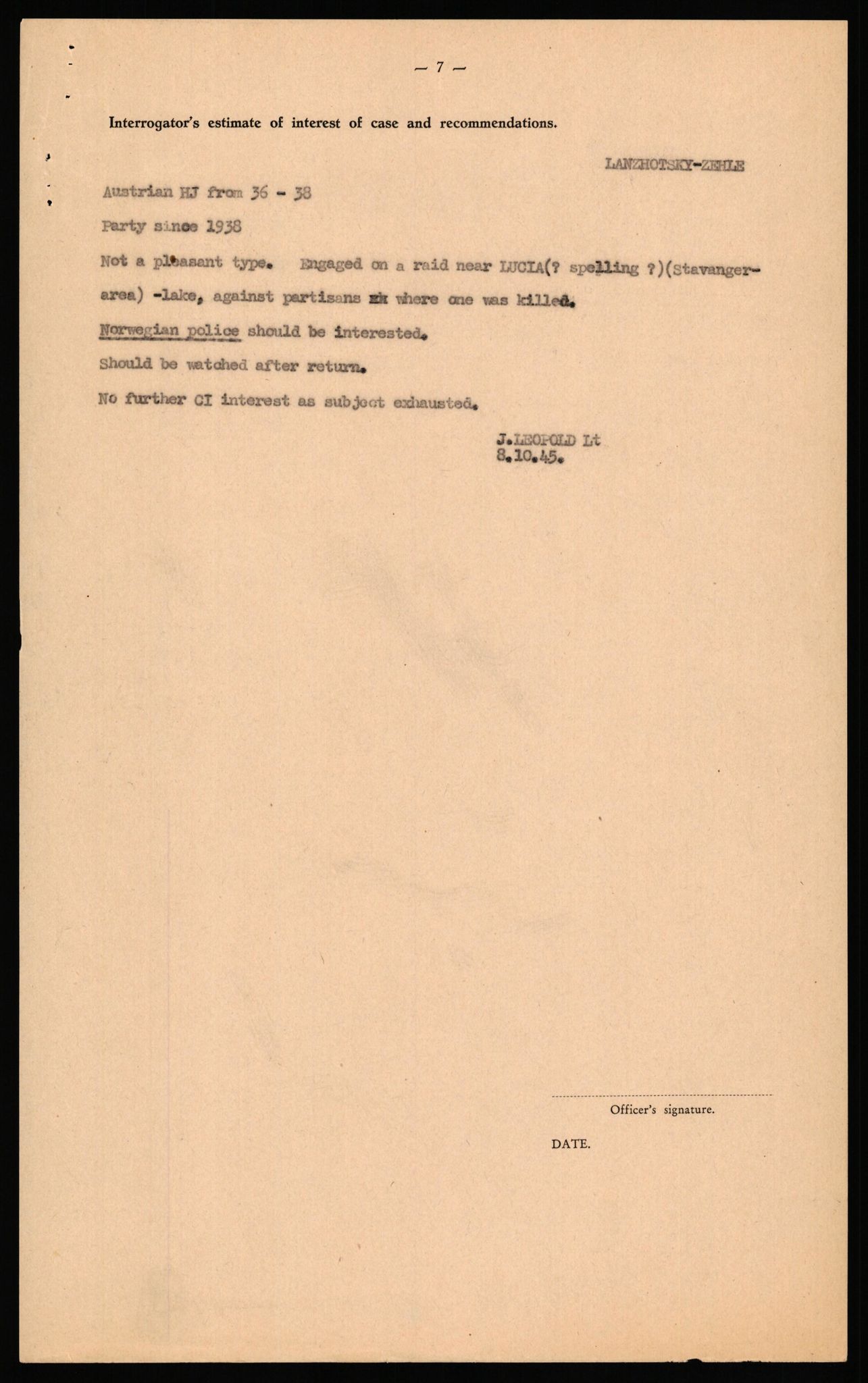 Forsvaret, Forsvarets overkommando II, RA/RAFA-3915/D/Db/L0039: CI Questionaires. Tyske okkupasjonsstyrker i Norge. Østerrikere., 1945-1946, p. 259