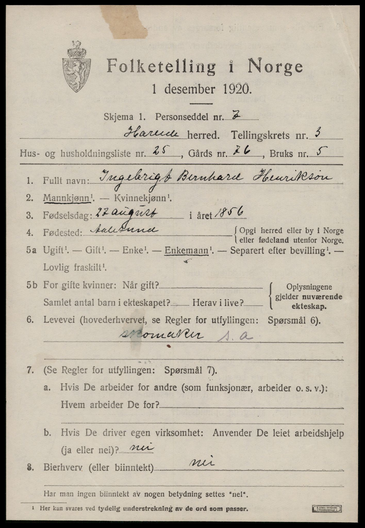 SAT, 1920 census for Hareid, 1920, p. 1681