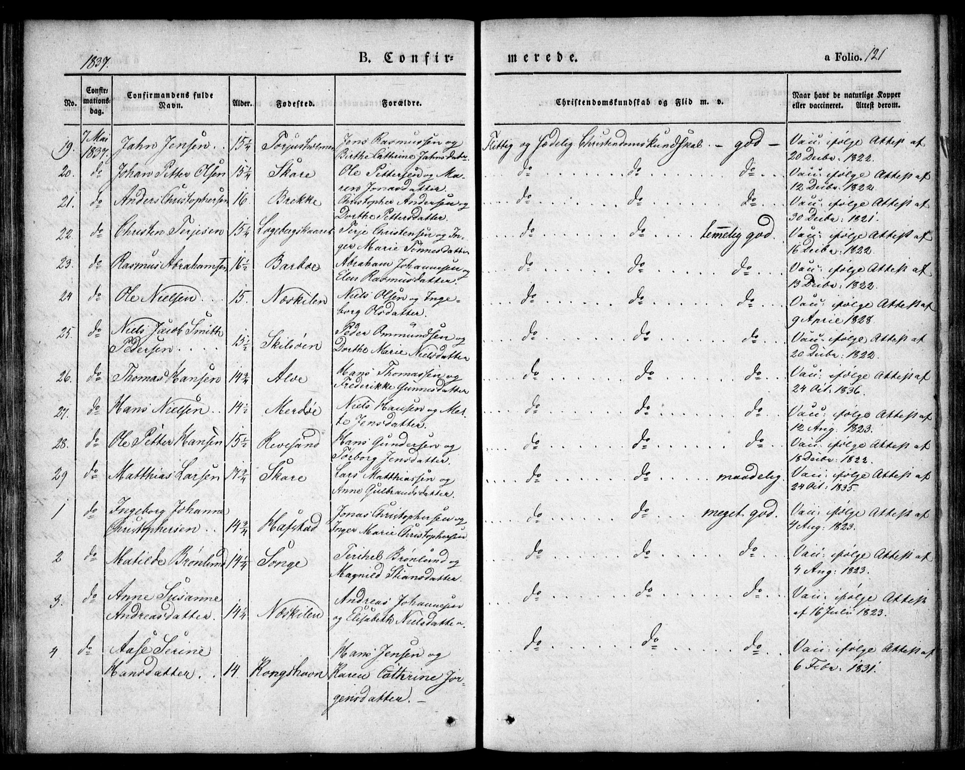 Tromøy sokneprestkontor, AV/SAK-1111-0041/F/Fa/L0004: Parish register (official) no. A 4, 1837-1846, p. 121