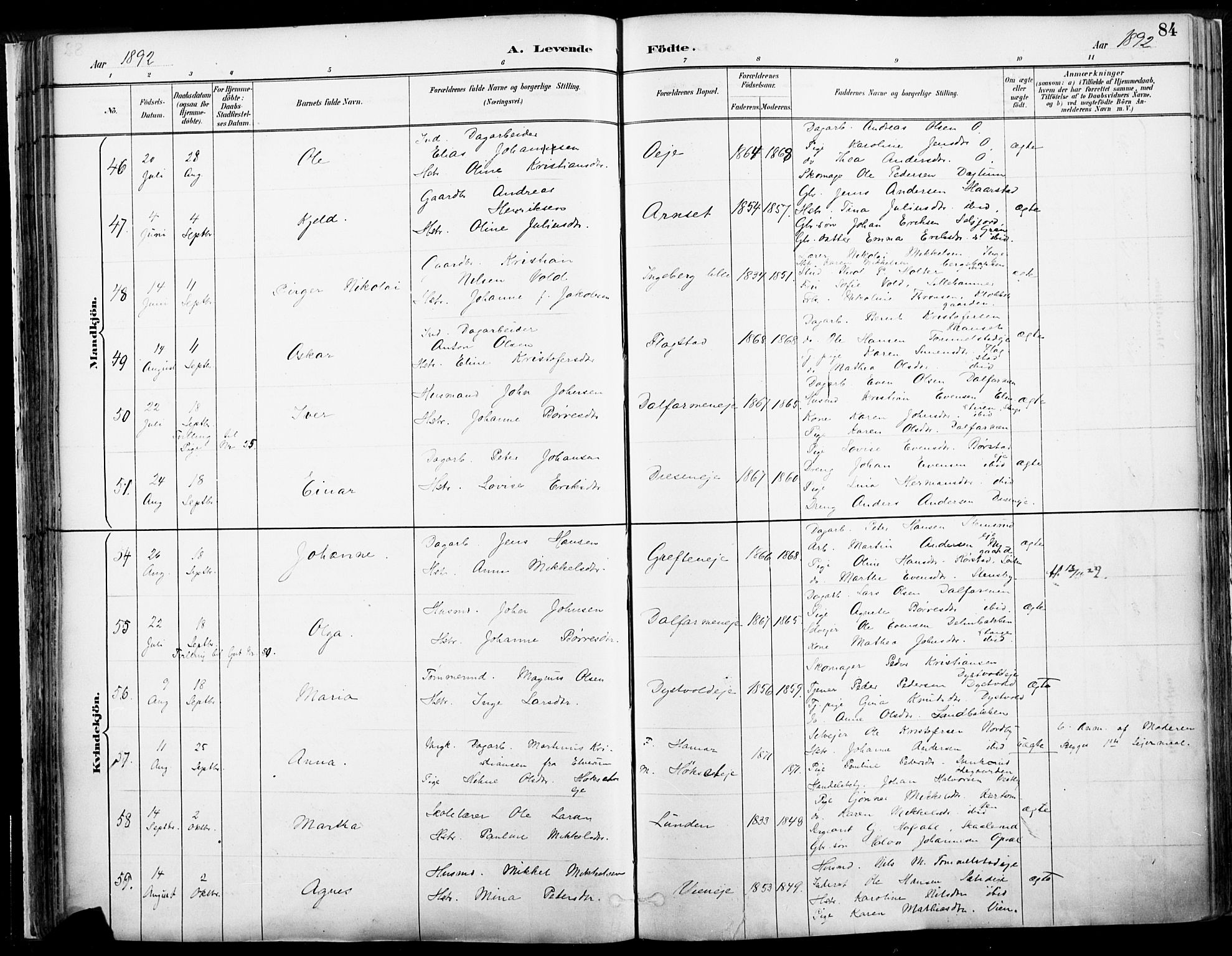 Vang prestekontor, Hedmark, AV/SAH-PREST-008/H/Ha/Haa/L0019A: Parish register (official) no. 19, 1886-1900, p. 84