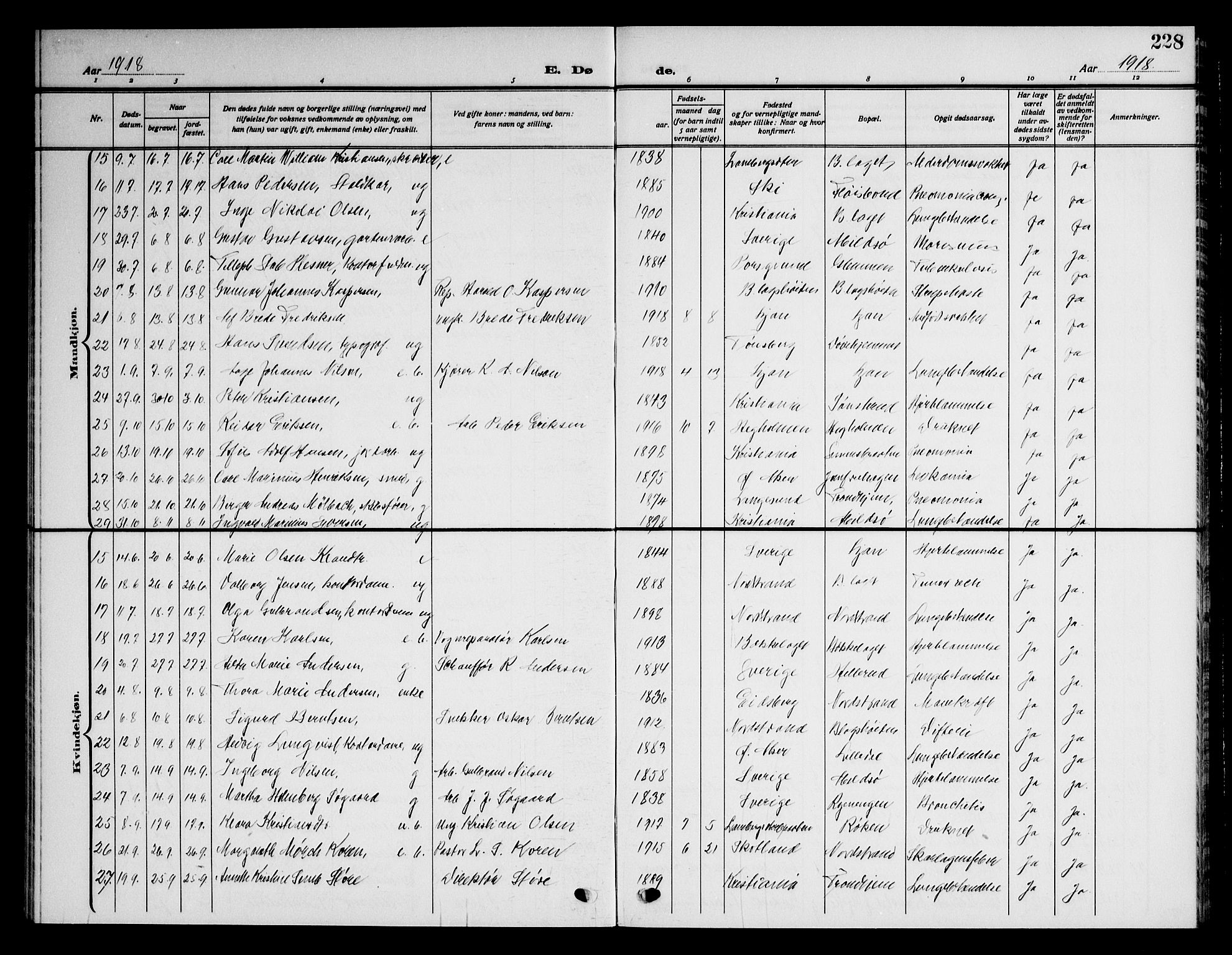 Nordstrand prestekontor Kirkebøker, AV/SAO-A-10362a/G/Ga/L0001: Parish register (copy) no. I 1, 1911-1918, p. 228