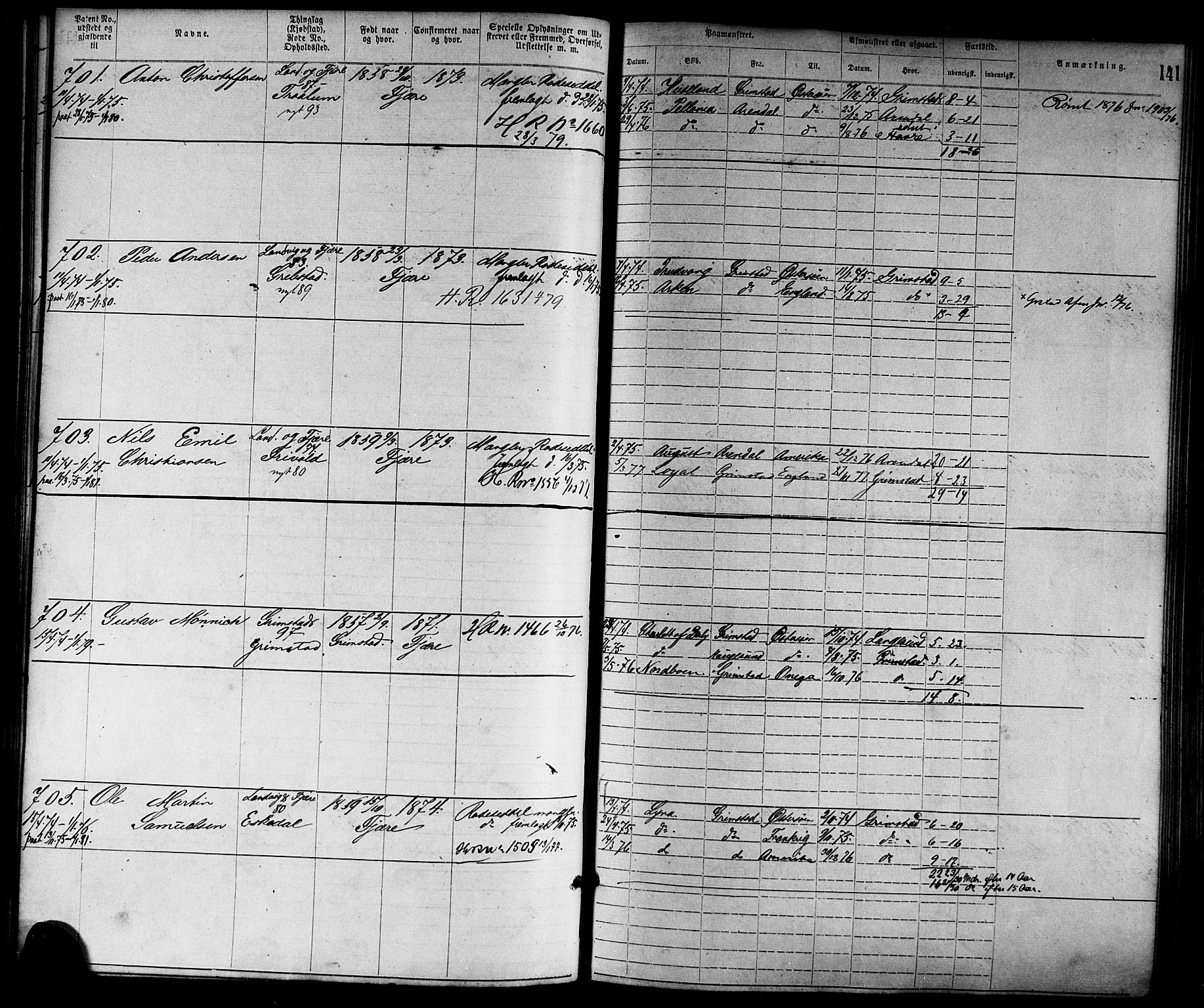 Grimstad mønstringskrets, SAK/2031-0013/F/Fa/L0001: Annotasjonsrulle nr 1-1920 med register, F-1, 1870-1892, p. 163