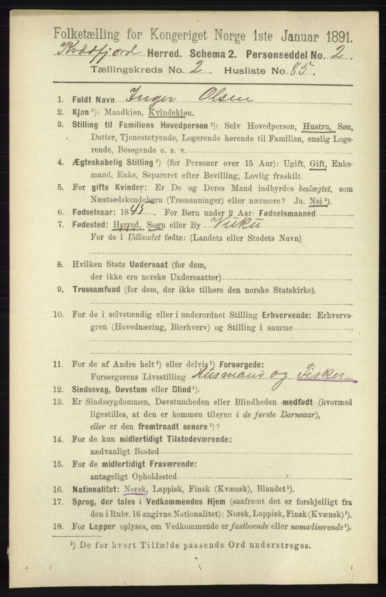 RA, 1891 census for 1911 Kvæfjord, 1891, p. 1216