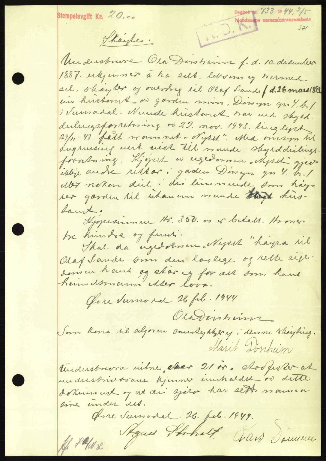 Nordmøre sorenskriveri, AV/SAT-A-4132/1/2/2Ca: Mortgage book no. A97, 1944-1944, Diary no: : 733/1944