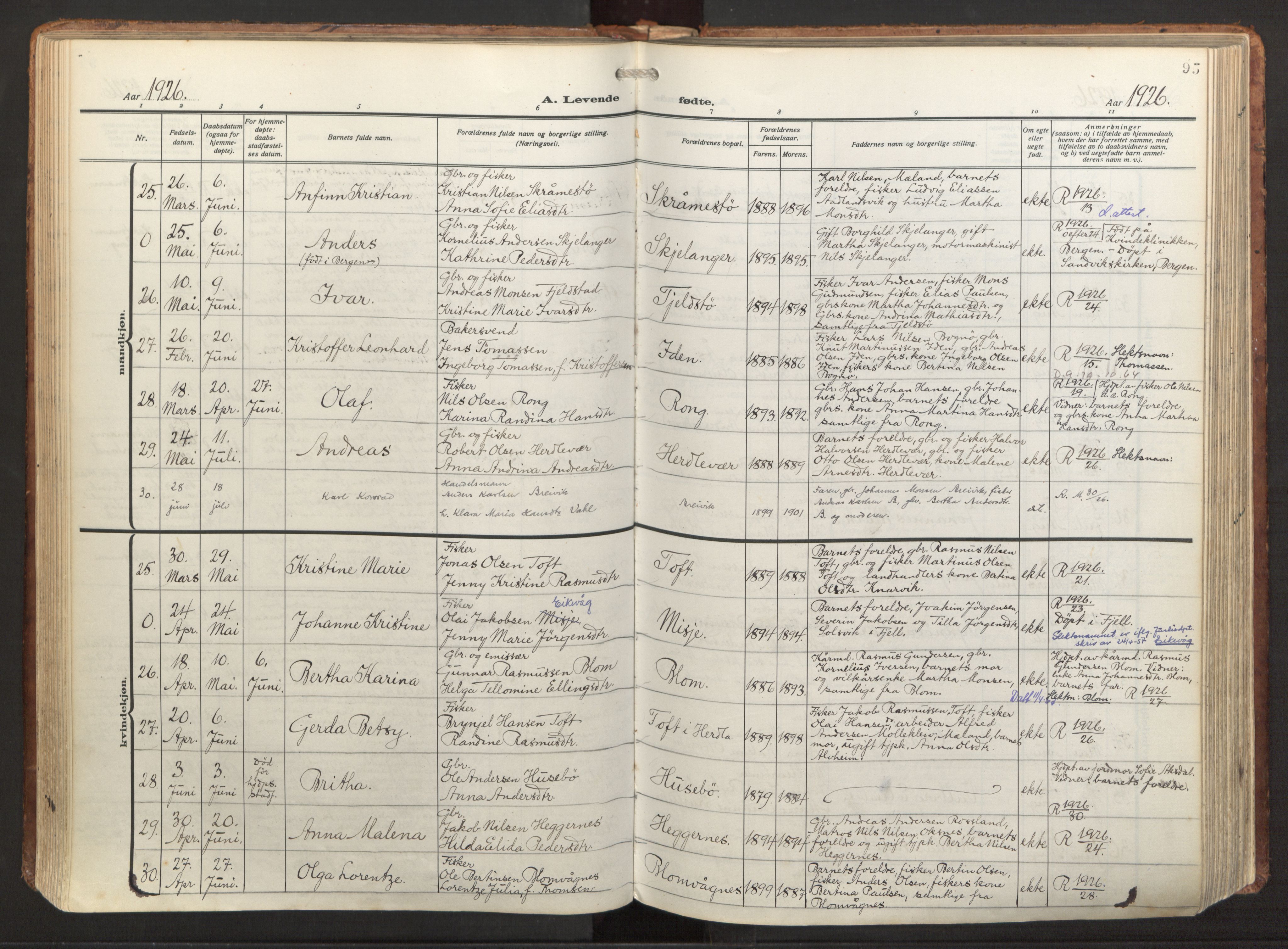 Herdla Sokneprestembete, AV/SAB-A-75701/H/Haa: Parish register (official) no. A 6, 1918-1933, p. 95