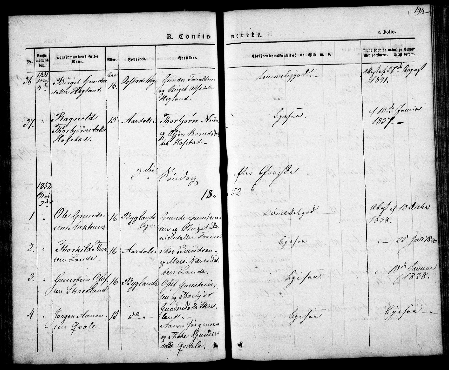 Bygland sokneprestkontor, AV/SAK-1111-0006/F/Fa/Fab/L0004: Parish register (official) no. A 4, 1842-1858, p. 194