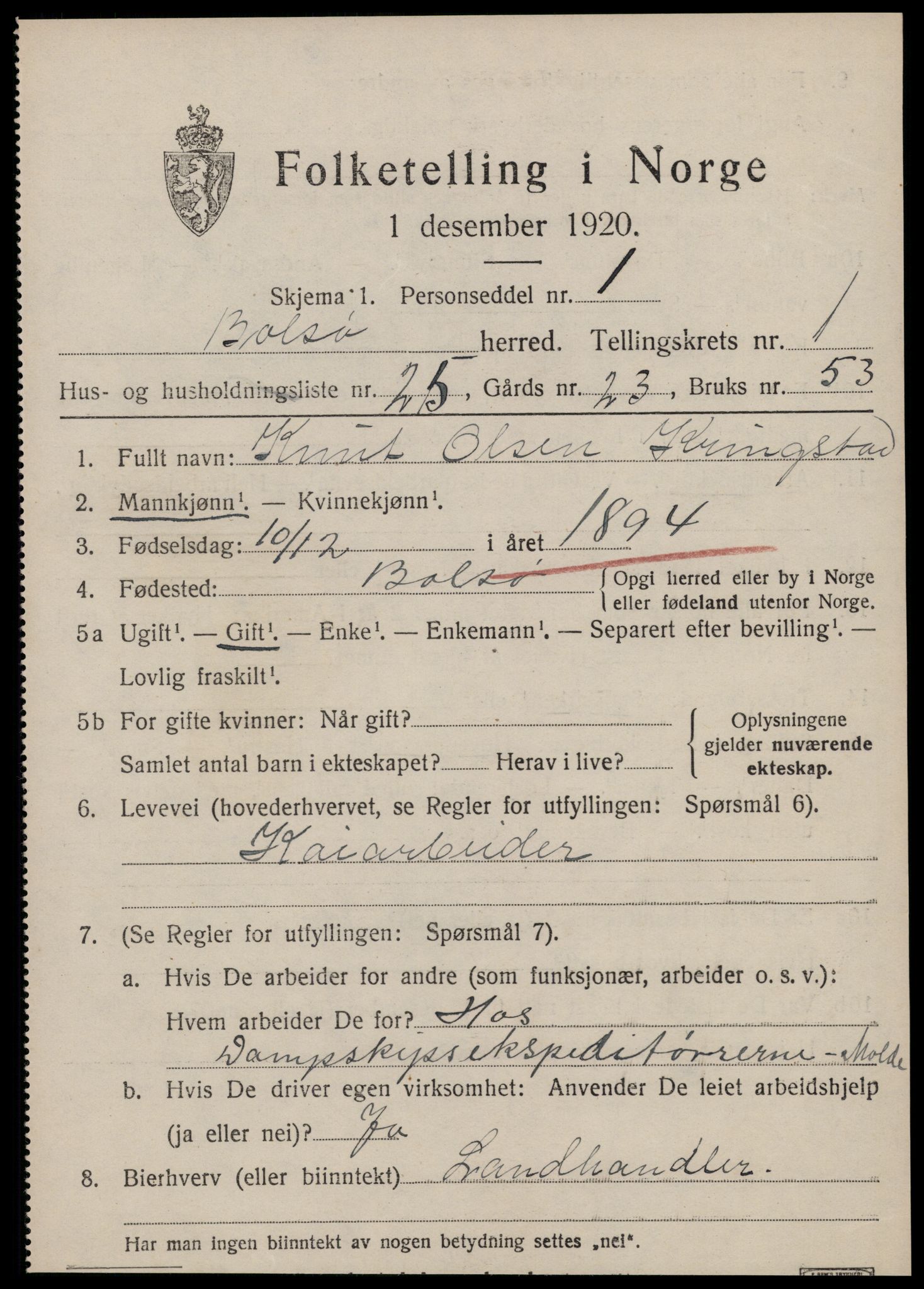 SAT, 1920 census for Bolsøy, 1920, p. 1885