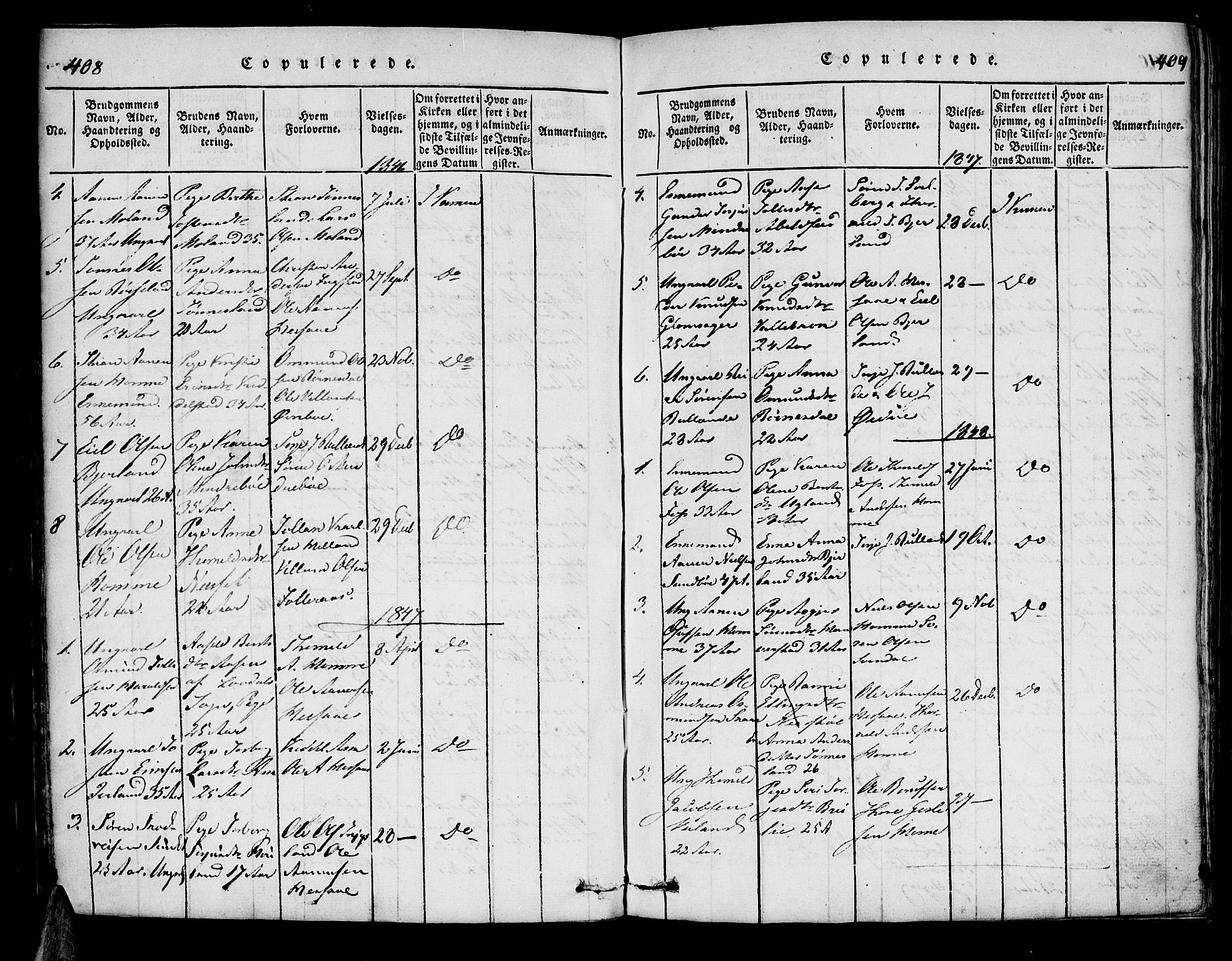 Bjelland sokneprestkontor, SAK/1111-0005/F/Fa/Faa/L0002: Parish register (official) no. A 2, 1816-1866, p. 408-409