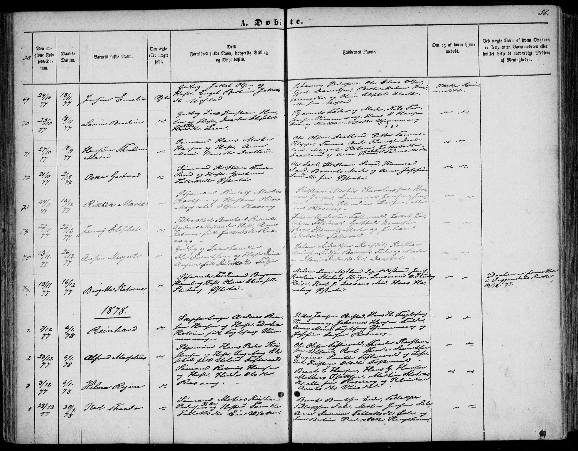 Flekkefjord sokneprestkontor, AV/SAK-1111-0012/F/Fb/Fbb/L0003: Parish register (copy) no. B 3, 1867-1889, p. 56