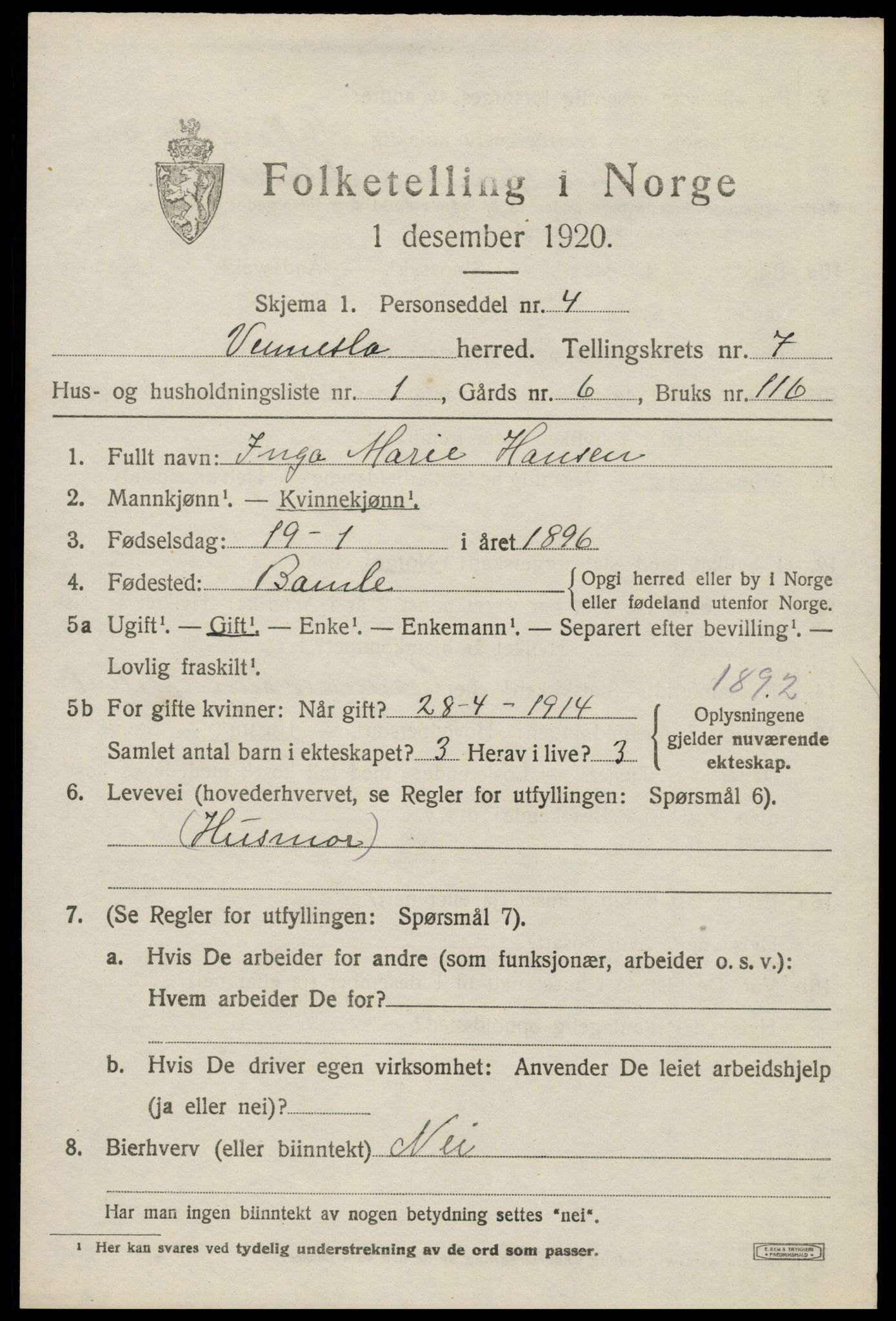 SAK, 1920 census for Vennesla, 1920, p. 4730