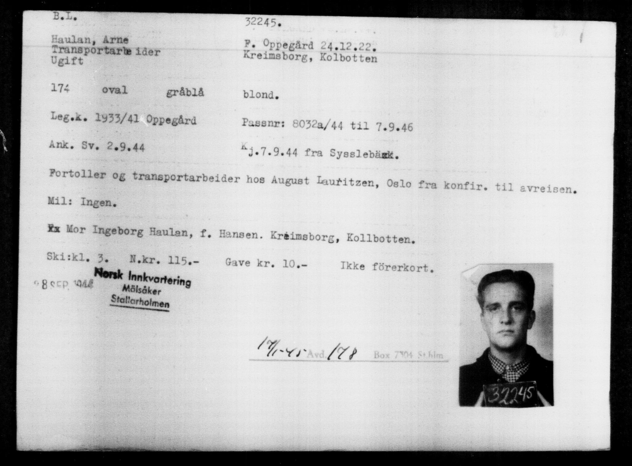 Utenriksstasjonene, Legasjonen i Stockholm, Flyktningkontoret, AV/RA-S-6753/V/Va/L0013: Kjesäterkartoteket, flyktninger med registreringsnr. 31500-34731, 1940-1945, p. 793