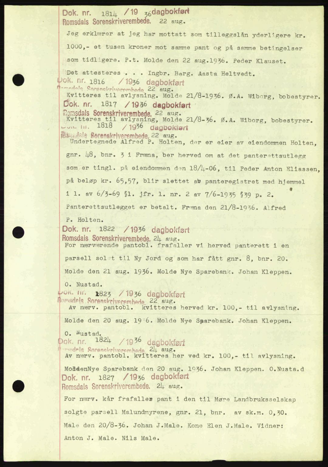 Romsdal sorenskriveri, AV/SAT-A-4149/1/2/2C: Mortgage book no. C1a, 1936-1945, Diary no: : 1814/1936