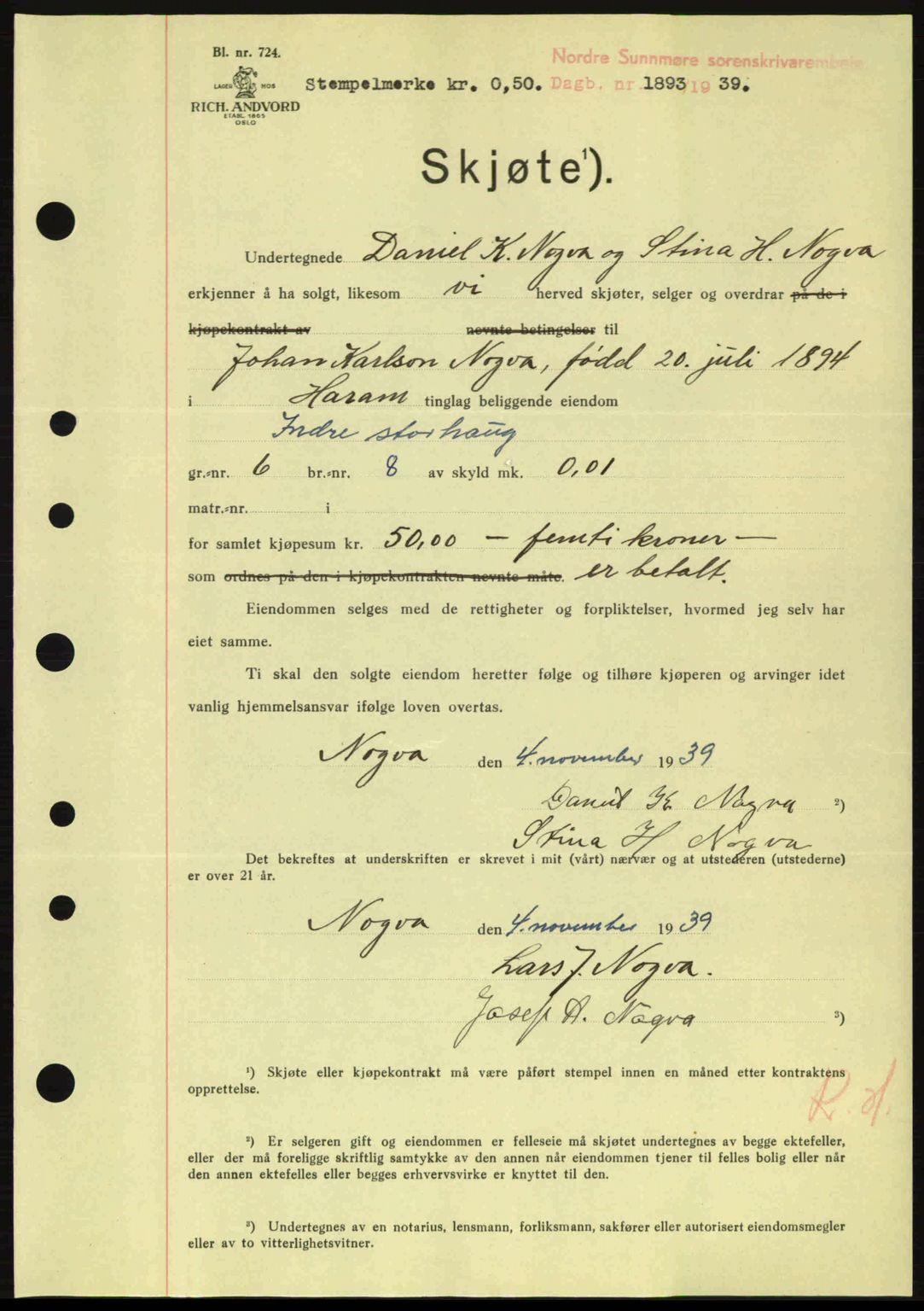 Nordre Sunnmøre sorenskriveri, AV/SAT-A-0006/1/2/2C/2Ca: Mortgage book no. A8, 1939-1940, Diary no: : 1893/1939