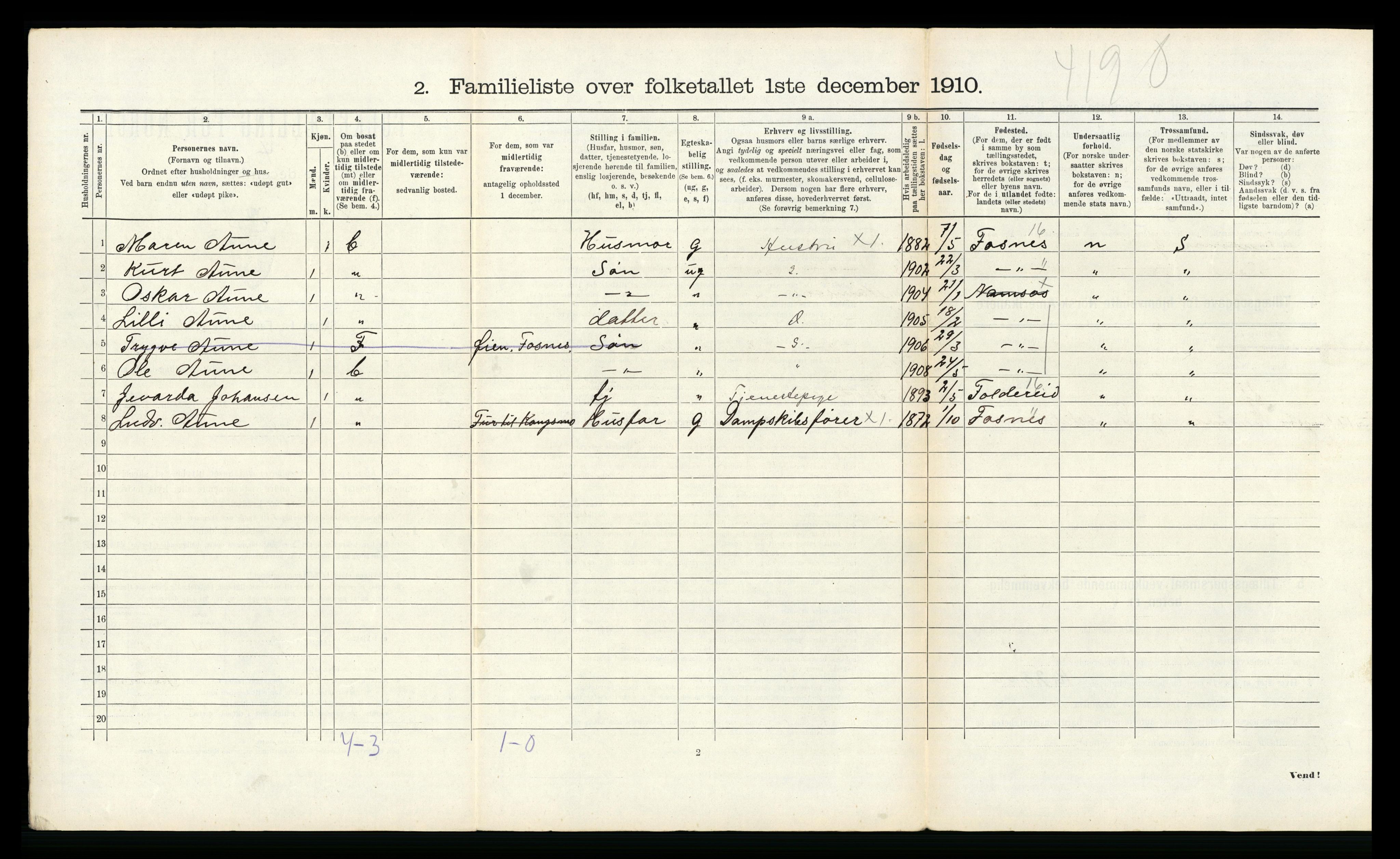 RA, 1910 census for Namsos, 1910, p. 1311