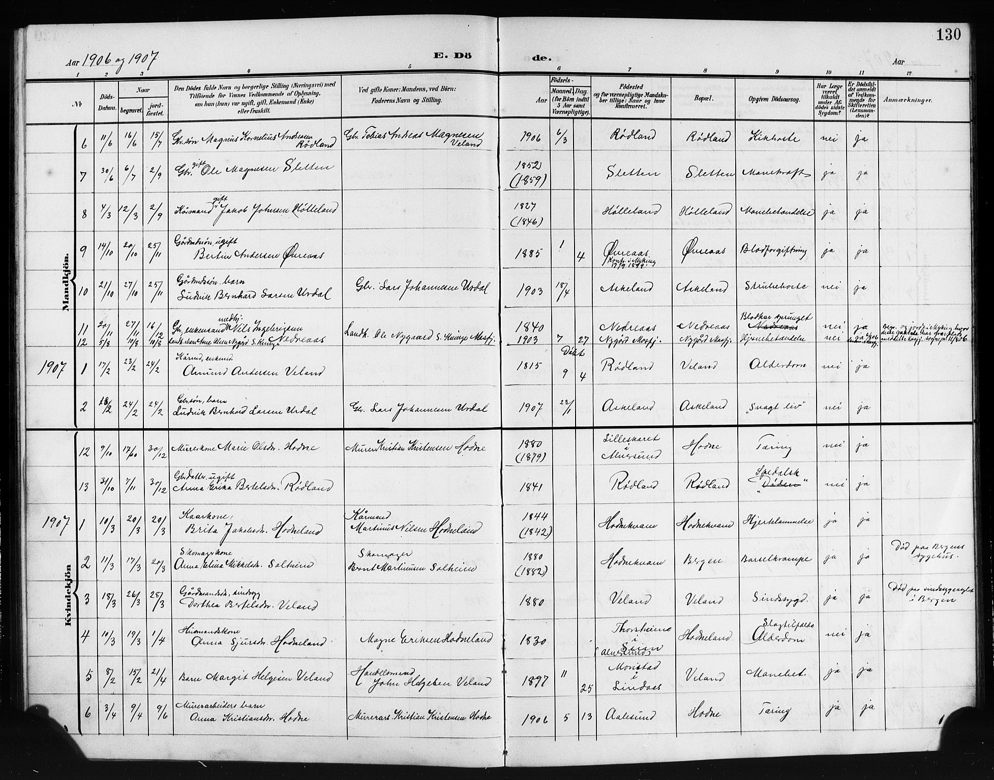 Lindås Sokneprestembete, SAB/A-76701/H/Hab: Parish register (copy) no. E 4, 1906-1921, p. 130