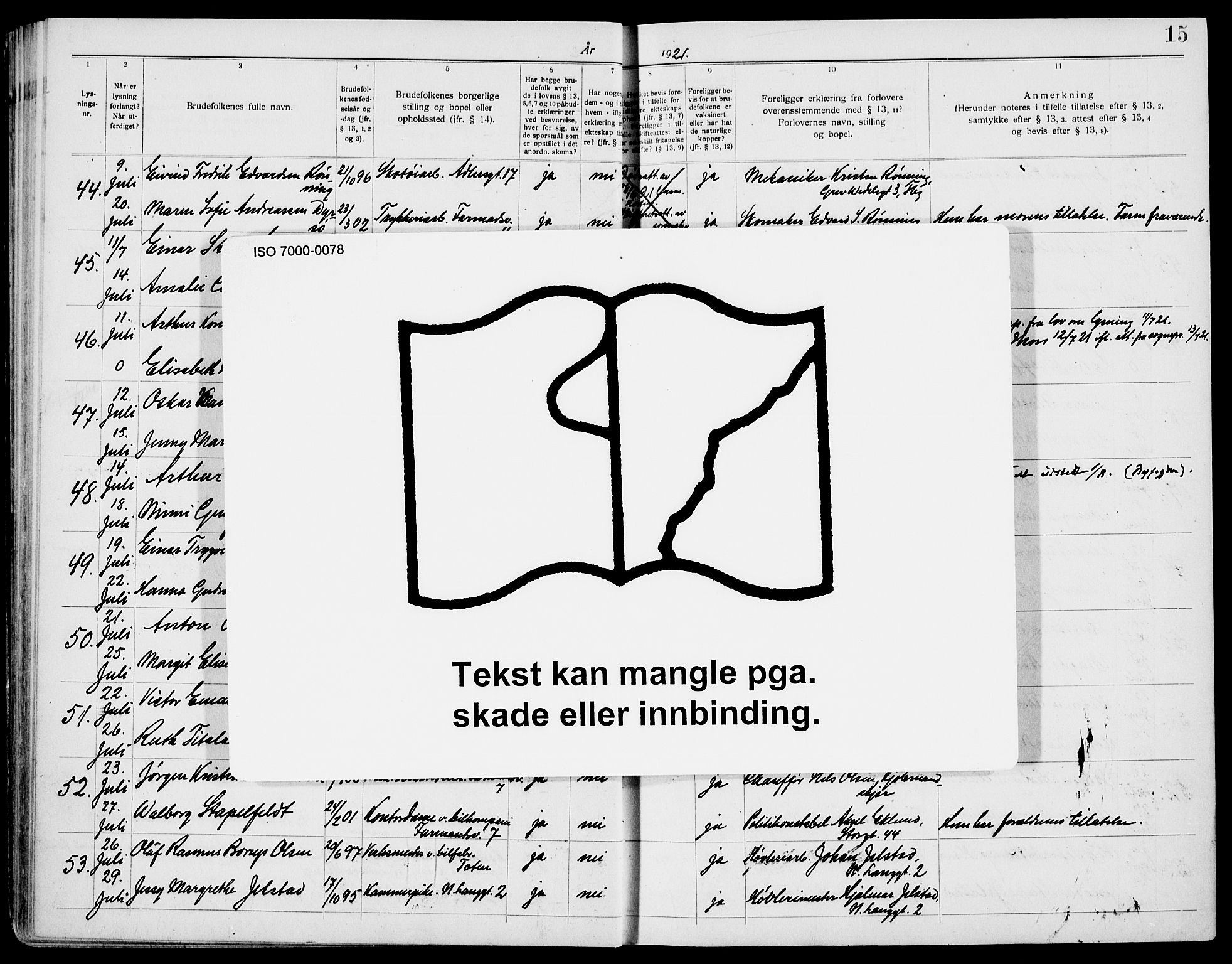 Tønsberg kirkebøker, AV/SAKO-A-330/H/Ha/L0007: Banns register no. 7, 1919-1931, p. 15