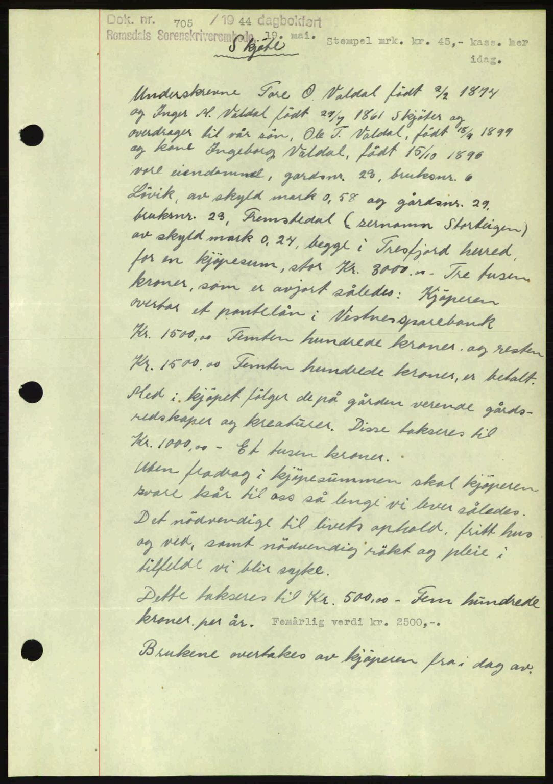 Romsdal sorenskriveri, SAT/A-4149/1/2/2C: Mortgage book no. A16, 1944-1944, Diary no: : 705/1944