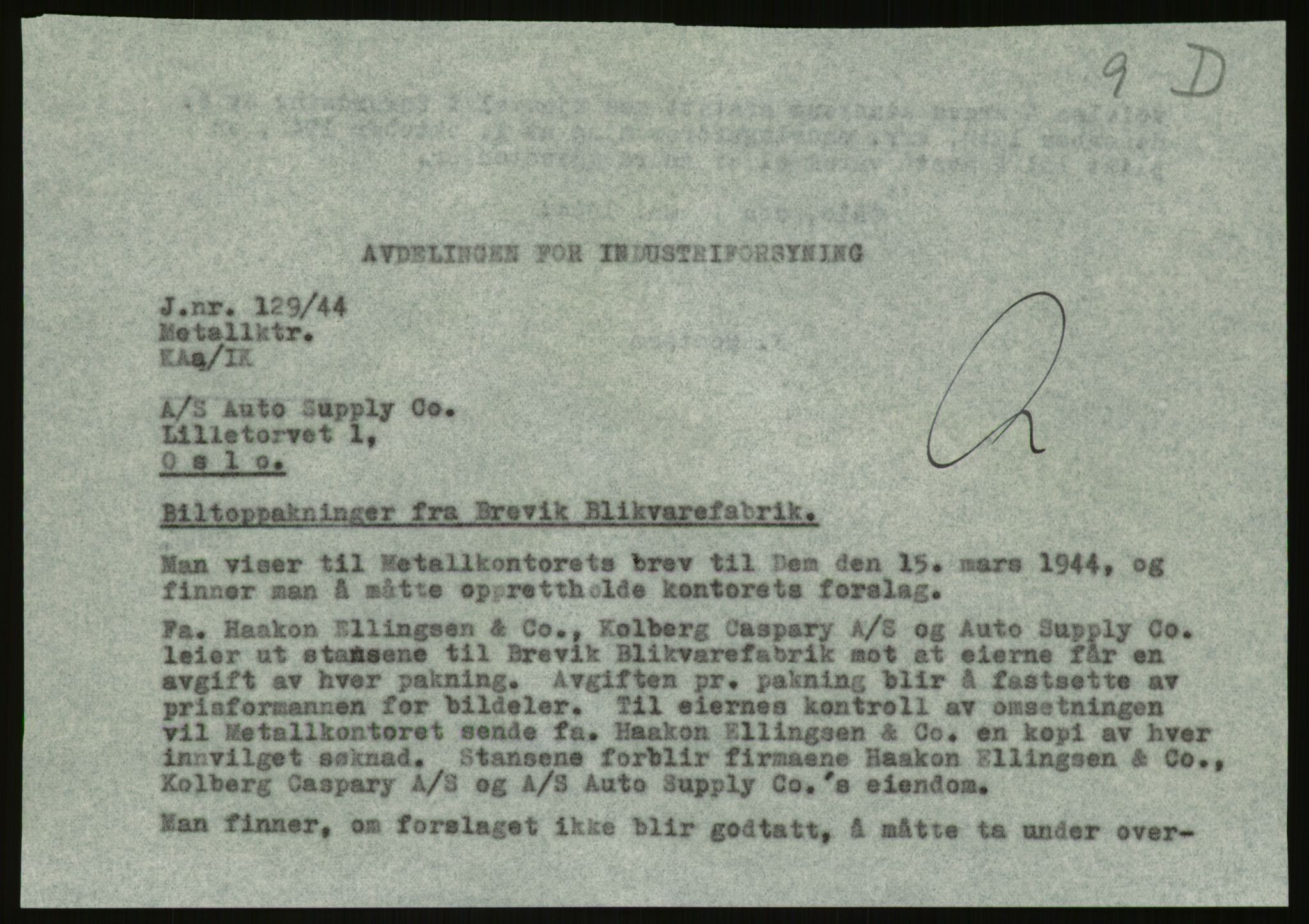 Direktoratet for industriforsyning, Sekretariatet, AV/RA-S-4153/D/Df/L0054: 9. Metallkontoret, 1940-1945, p. 411