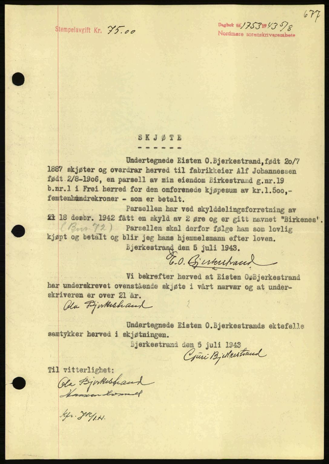 Nordmøre sorenskriveri, AV/SAT-A-4132/1/2/2Ca: Mortgage book no. A95, 1943-1943, Diary no: : 1753/1943